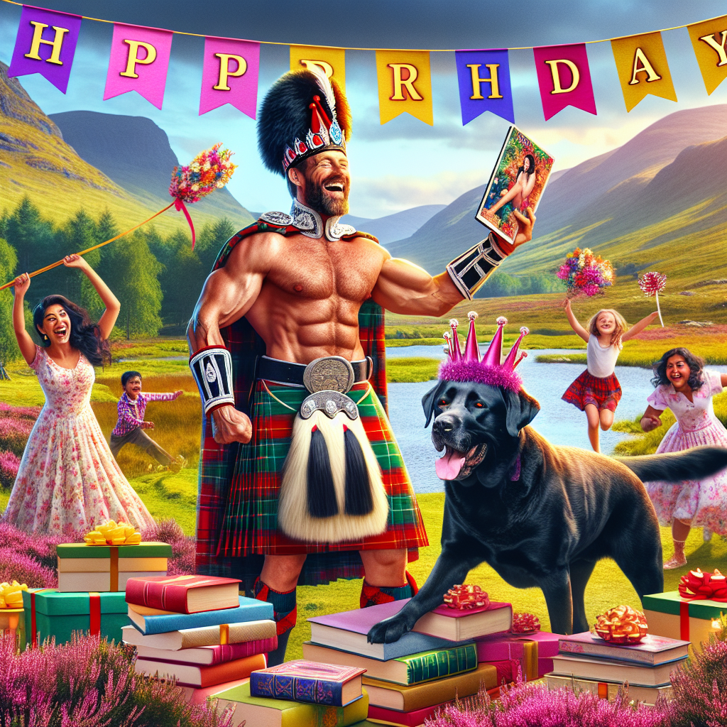 We move onto another charming variation, featuring a whimsical birthday celebration. A tall, muscular man in traditional highland attire, adorned with festive birthday hats, bursts into laughter alongside a jubilant black labrador peeking out from a vibrant pile of romance novels. The environment is vibrant, capturing the magnificent outdoor setting of the Scottish highlands with a bright 'Happy Birthday' banner extending across the top. A South Asian mother is included in the background, engaged in a lively game of tag with her children amongst the blooming heather. This composition encapsulates the outdoor thrill, the companionship with a pet, the satisfaction of reading, and the pride of motherhood, all mingling to make a memorable birthday occasion.
Generated with these themes: David Boreanaz, Black labrador, Romance novels, Being a mum, Being outdoors, and Highland clothing .
Made with ❤️ by AI.