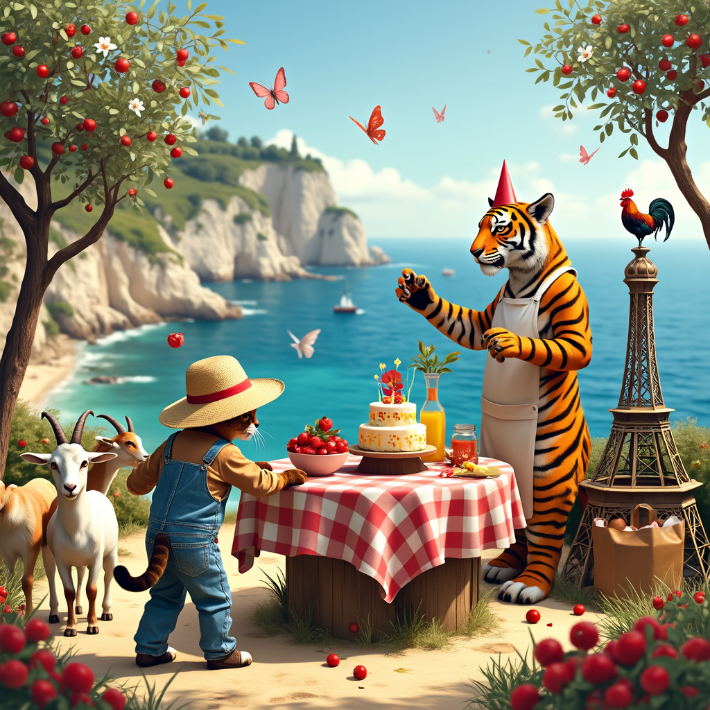 Picture this whimsical scene: Set along the picturesque cliffs of the Mediterranean coast of France, a sun-drenched farmstead buzzes with an eclectic mix of activity. At the heart of the scene, a quirky cat, dressed in overalls and a straw hat, is attempting to herd a group of perplexed goats towards a vibrant cherry orchard. The goats, adorned with tiny, festive party hats, seem more interested in munching on the cherries than being herded.

To the right, a majestic tiger, wearing an apron, is carefully pruning a small olive tree, its branches heavy with plump olives. The tiger's claws are adorned with delicate gardening gloves, adding to the absurdity. Near the olive tree, a rustic wooden table is set up, covered with a red and white checkered tablecloth. On the table, there are bowls overflowing with cherries and olives, a large jug of freshly squeezed lemonade, and a birthday cake decorated with cat and goat figurines.

In the background, the azure waters of the Mediterranean Sea glisten under the bright sunlight, with a few sailboats dotting the horizon. A vintage tractor, painted in a cheerful shade of yellow, is parked nearby, with a rooster perched proudly on its hood, crowing to announce the birthday celebration.

To add a touch of French flair, a small Eiffel Tower replica stands beside the table, festooned with strings of colorful bunting. A couple of mischievous cats are climbing the tower, their tails swishing playfully.

The scene is bursting with lively details, from the fluttering butterflies around the cherry blossoms to the intricate patterns on the cats' overalls. Every element tells a part of the delightful story, creating a humorous and captivating birthday greeting card that perfectly blends cats, agriculture, animals, cherries, olives, the Mediterranean Sea, France, and tigers.
Generated with these themes: Cats, Agriculture, Animals, Cherries, Olives, Mediterranean Sea, France, and Tigers.
Made with ❤️ by AI.
