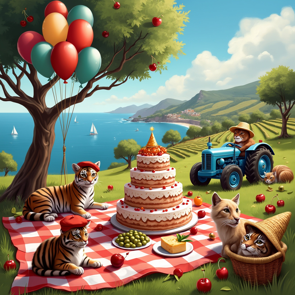 Picture a bustling, colorful birthday picnic scene set on a sunny hillside overlooking the shimmering Mediterranean Sea, where the azure waves lap gently against the rocky French coastline. At the heart of the picnic, a large red-and-white checkered blanket sprawls on the grassy knoll. Scattered across the blanket are an assortment of fresh, juicy cherries, plump green olives, crusty French baguettes, and an array of French cheeses.

In the center of the blanket sits a grandiose birthday cake, decorated with intricate fondant designs of cats and tigers. The cake has multiple layers, each depicting a different layer of the scene: cats frolicking in olive groves, tigers lounging among the cherry trees, and a whimsical landscape with the Mediterranean in the background.

Around the blanket, a trio of cats wearing little berets and neckerchiefs (as a nod to their French heritage) are playfully batting at a bunch of balloons tied to a basket brimming with fresh produce. Nearby, a majestic tiger in a comically oversized straw hat lounges lazily in the shade of an olive tree, one paw extended, daintily sampling an olive with a look of sheer delight.

On the periphery of the scene, a small patch of farmland stretches out, with rows of cherry trees and olive groves meticulously aligned. A goat and a rooster, seemingly best friends, share a funny moment as they attempt to balance cherries on their heads. A vintage tractor painted in bright Mediterranean blue rests in the background, its driver seat humorously occupied by a lounging cat with a smug expression.

All the while, the serene Mediterranean Sea provides a picturesque backdrop, with a few sailboats dotting the horizon. The scene captures a perfect blend of birthday celebration and Mediterranean charm, with a splash of quirky animal antics, making it an unforgettable and delightful greeting card cover.
Generated with these themes: Cats, Agriculture, Animals, Cherries, Olives, Mediterranean Sea, France, and Tigers.
Made with ❤️ by AI.