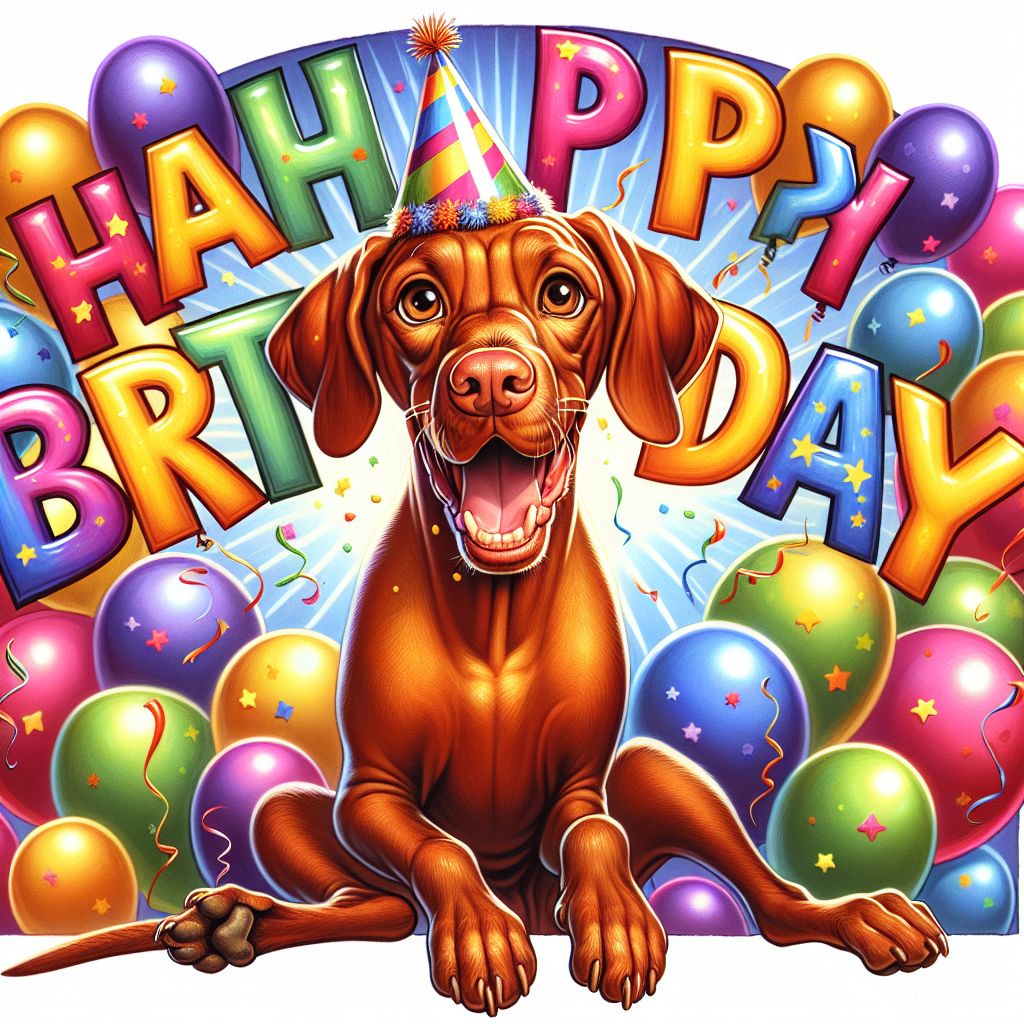A slender adult Vizsla dog becomes the star of a joyous cartoon birthday party. This pooch, with its glossy brown fur and warm brown eyes, sits center-stage, tail wagging exuberantly, surrounded by a profusion of colorful balloons. Above the scene is a radiant banner proclaiming 'Happy Birthday'. The dog is playfully characterized as donning a nifty little party hat and painted with a joyous expression, just as if smiling, encapsulating the lighthearted spirit of a festive occasion. This illustration, with its vibrancy, serves as a celebration of a loved pet's special day.
.
Made with ❤️ by AI.