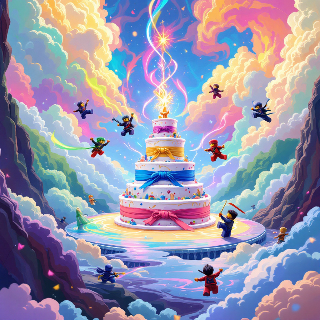In a vibrant, dreamlike world, the birthday card scene unfolds in an expansive dojo floating amidst a kaleidoscopic sky filled with swirling cotton candy clouds. Below the dojo is a boundless trampoline, its surface shimmering like a liquid mirror reflecting the surreal sky above. Bouncing atop this trampoline, a whimsical gang of Ninjago characters perform gravity-defying flips and kicks, their martial arts prowess accentuated by the dazzling energy trails they leave in the air. Each ninja is outfitted in traditional garb with unexpected splashes of neon colors, reminiscent of Hergé's clean lines and bold colors.

In the center of this dynamic scene, a cake stands tall, defying gravity as it balances on one of the trampoline's springy coils. The cake is a tiered masterpiece shaped like a Taekwondo belt, each layer representing a different color rank. Icing figures on top are engaged in a lively sparring match, their poses dynamic and fluid, echoing Bill Watterson's playful style. The words "Happy Birthday Rishaan" are etched in icing along the belt layers, with "Rishaan" prominently displayed in intricate calligraphy that wraps around the top tier like a celebratory ribbon.

Above, suspended in the whimsical sky, a group of balloons takes flight. Each balloon is a cartoonish representation of a classic Taekwondo move—sidekick, high block, and roundhouse—each one tied to a cloud where a miniature dojo scene plays out. Inspired by Winsor McCay's dreamscapes, these tiny dojos are inhabited by miniature versions of Peanuts-like characters engaging in martial arts, their expressions caught mid-guffaw in a comic, Gary Larson-esque twist.

This eccentric tableau, with its lively chaos and vivid color palette, is a joyful explosion of movement and whimsy—a surreal birthday celebration for Rishaan that merges the fantastic with the festive.
Generated with these themes: Taekwondo , Ninjago , and Trampoline .
Made with ❤️ by AI.