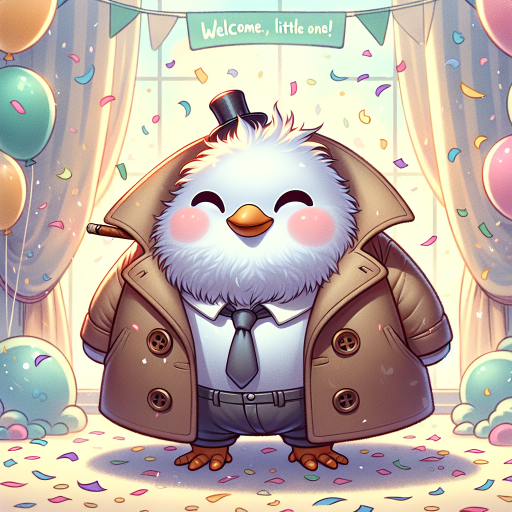 Imagine a delightful cartoon illustration filled with whimsy and charm. Center stage is a round, jolly pigeon amusingly dressed in an oversized coat with buttons clearly strained in accommodating its fluffiness. The amusing bird has a victory cigar nestled comfortably in its beak. Confetti rain and festive balloons add to the jubilant mood of the scene. The backdrop is awash in soft pastel hues that lend a soothing ambience. To further cement the theme of welcoming new beginnings, a banner overhead grandly proclaims 'Welcome, little one!'. This entire scene beautifully conveys the joy of a new baby's arrival through the conduit of unexpected, yet endearing, pigeon attire.
Generated with these themes: Pigeon, Smoking, and Big coat.
Made with ❤️ by AI.