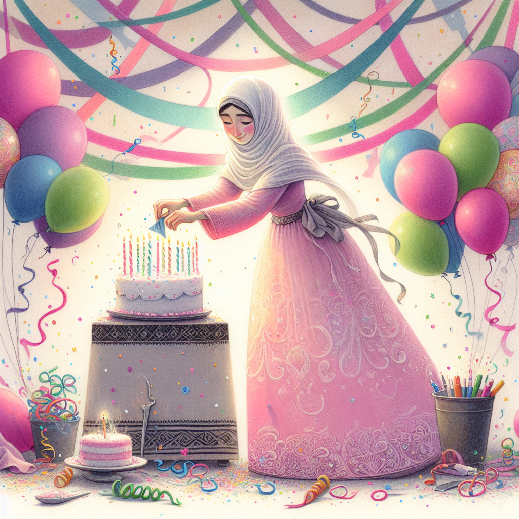 A whimsical illustration depicts a Middle Eastern woman with a gentle smile, clothed in pastel pink attire, meticulously tidying up after a festive birthday party. Streamers in a colorful medley and balloons in varying shapes and sizes decorate the background, creating a sense of playful chaos. A soft, ethereal glow emanates from the unextinguished birthday candles atop a nearby cake, the light casting inviting shadows that infuse the entire scene with an air of warmth, celebration, and the sweet promise of sugary indulgence.
Generated with these themes: Pink, and A woman cleaning.
Made with ❤️ by AI.