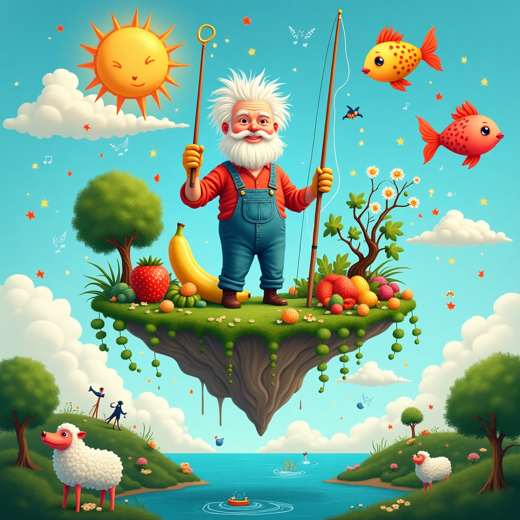 At the top of the illustration image, "Happy Birthday Uncle Iain – Reel-y Digging the Good Life!"

**Prompt for the illustration:**

Create a surreal, dreamlike illustration in a vibrant, hand-painted style. A man with wild white hair and a short white beard (Uncle Iain) is standing in the middle of a floating garden island in the sky. He's fishing with a giant rainbow-colored fishing rod—not in water, but casting his line into clouds that swirl like whipped cream. 

As he "reels" in clouds, they magically transform into fantastical plants—glowing sunflowers, singing cabbages, bonsai trees shaped like musical notes, and vines made of garden hose that dance around him. A small school of fish made of floating fruits (strawberries with fins, bananas shaped like eels) swim through the air around him, trailing sparkles. Birds in tuxedos perch on floating watering cans that rain glitter.

Uncle Iain wears overalls made of moss, with gardening gloves that grow tiny daisies from the fingertips. The sun above has a face and winks knowingly. Below the island, skywhales and air-sheep float peacefully past surreal balloon-shaped hedges and spiral clouds.

A joyful, lush, slightly chaotic blend of garden, sea, and sky—funny, magical, and bizarre, just like the best birthdays.
Generated with these themes: Man with white hair and short white beard fishing and creating amazing garden.
Made with ❤️ by AI.