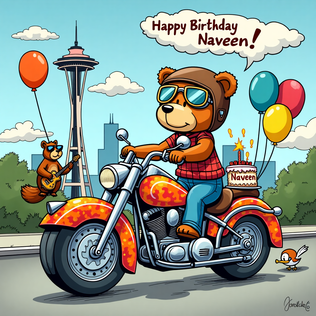 On the front cover of the birthday greeting card, a whimsical cartoon scene unfolds in the vibrant heart of Seattle. At the center, a lovable cartoon bear, inspired by the charm of Charles Schulz's characters, is astride a comically oversized motorcycle. The motorcycle is a delightful patchwork of bright colors, reminiscent of R. Crumb's vivid palette, with a shiny chrome finish and a sidecar that looks like a giant coffee cup—an homage to Seattle's famous coffee culture. The bear is wearing a helmet with a pair of oversized aviator goggles, reminiscent of something Calvin from Calvin and Hobbes might wear on an adventurous escapade. The goggles are comically askew, adding a humorous touch.

The backdrop showcases Seattle's iconic skyline, with the Space Needle standing tall. Clouds float lazily across the sky, styled in the surreal manner of Winsor McCay's dreamscapes. In the clouds, the message "Happy Birthday Naveen!" is cleverly incorporated, with each letter appearing to be playfully crafted from fluffy cloud puffs. 

Around the bear and the motorcycle, a collection of quirky characters inspired by Gary Larson's offbeat humor mill about—a beaver in a flannel shirt holding a cup of steaming coffee, a raccoon wearing sunglasses and playing an electric guitar, and a seagull with a tiny top hat perched on the handlebars, giving a cheeky nod to Seattle's eclectic vibe.

In the foreground, a small cake is balanced precariously on the sidecar's rim, its candles flickering in the wind. The cake is decorated with the words "Naveen" spelled out in bold, colorful icing. Balloons in vibrant colors float around the scene, tied haphazardly to the motorcycle, adding an extra touch of birthday cheer.
Generated with these themes: In Seattle on a motorcycle.
Made with ❤️ by AI.