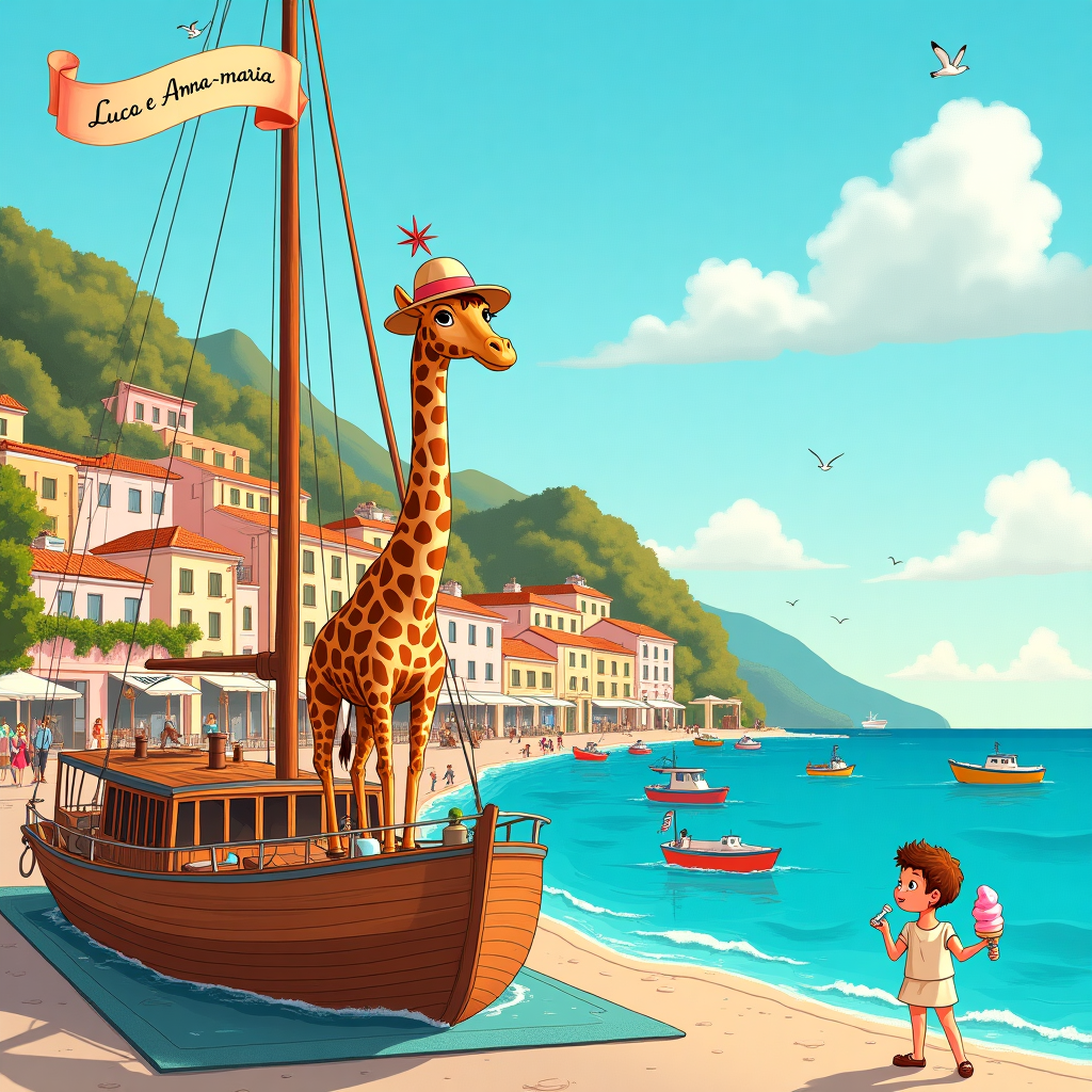 **Card Design Description:**

**Scene Overview:**
Imagine a whimsical yet intricately detailed illustration that captures the charming coastal essence of an Italian seaside town, reminiscent of a quaint Amalfi Coast setting. The azure Mediterranean Sea meets a vibrant village painted in warm pastels, all under the clear cerulean sky with fluffy clouds drifting lazily. 

**Foreground:**
The star of the foreground is a luxurious wooden yacht, with rich mahogany tones and polished brass fixtures gleaming in the sun. The yacht is anchored close to the shore, gently bobbing on the gentle waves. Standing proudly on the deck is a delightfully tall giraffe, its long neck towering over the yacht’s mast. This quirky character wears a dapper straw hat with a small red ribbon, its expression curious and slightly aloof. A colorful party banner stretches from the yacht’s mast, flapping in the light breeze, with the names “Luca e Anna-Maria” elegantly painted in a playful script reminiscent of Beatrix Potter’s soft yet defined lines.

**Background:**
In the background, the picturesque Italian town cascades down a steep hill, its narrow cobblestone streets lined with cozy cafes and vibrant shops. The buildings are a mosaic of pastel hues: soft pinks, ochre yellows, and gentle terracottas, all topped with red-tiled roofs. Delicate green vines creep up the walls, adding a touch of lushness. Small boats and colorful fishing vessels are moored along the shoreline, their reflections dancing in the water.

**Sky:**
The sky above is a rich gradient of blues, punctuated by the warm glow of a setting sun casting an amber hue over the scene. Seagulls swoop gracefully across the horizon, adding movement and life to the sky.

**Additional Elements:**
In the spirit of a Norman Rockwell narrative, small details abound: a couple leisurely strolling along the promenade hand in hand, an artist with an easel capturing the scene, and a child giggling while licking an oversized gelato. These tiny vignettes add layers of storytelling, inviting viewers to explore every corner of the card.

**Color Palette:**
The overall color palette is vibrant yet harmonious, featuring the lively colors of Italian summer scenes: the deep blues of the ocean, warm tones of the town, and the lively colors of the yacht and giraffe. The colors should mimic the richly saturated yet realistic tones found in the works of N.C. Wyeth and Maxfield Parrish, ensuring that the card is both engaging and visually delightful.
Generated with these themes: The background should be an italian coastal town, with a luxury wooden yacht in the foreground with a giraffe on the deck.
Made with ❤️ by AI.