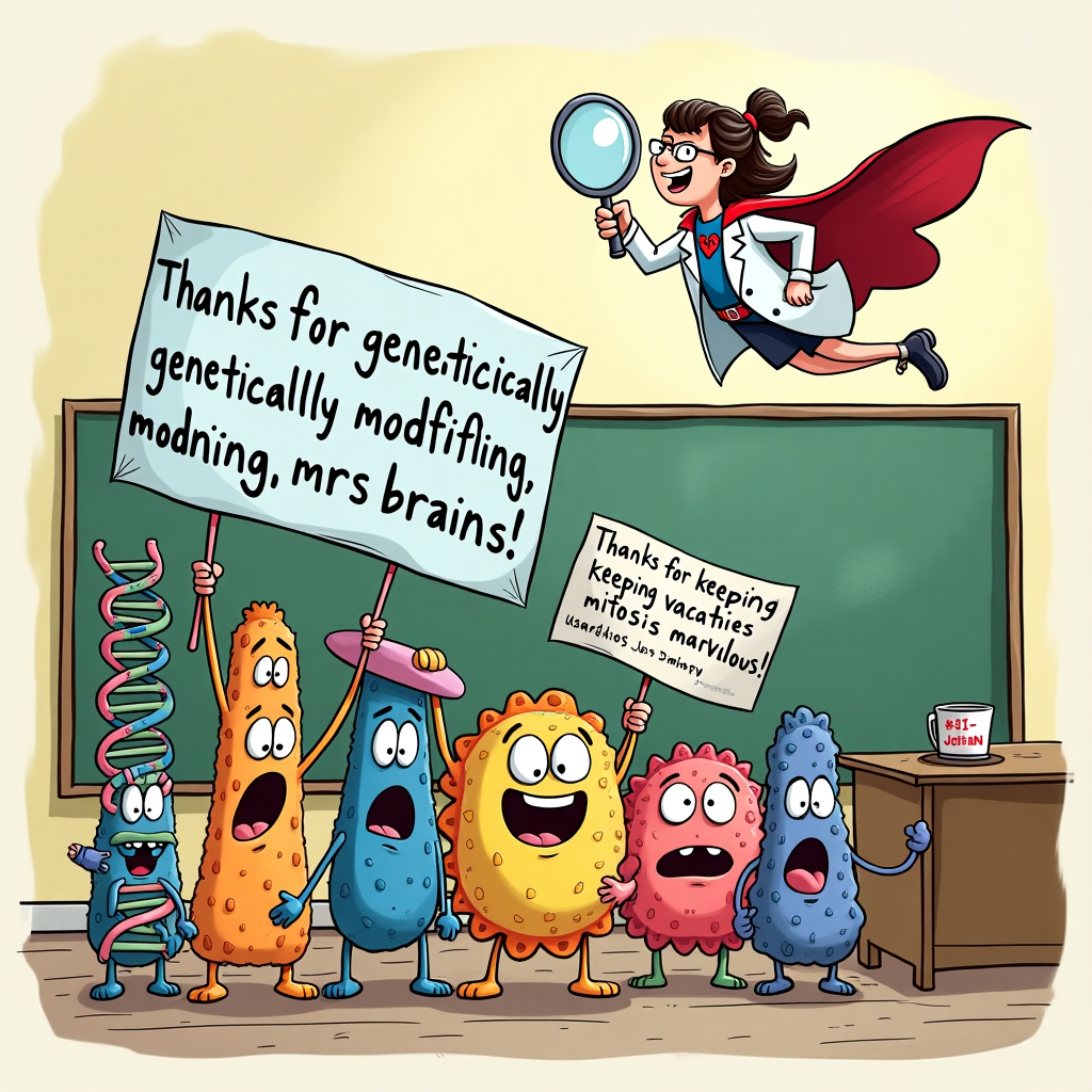At the top of the illustration image:  
**"Thanks for genetically modifying our brains, Mrs Jenkins!"**

**Prompt for illustration image:**  
A quirky cartoon-style classroom scene where DNA strands are holding tiny protest signs like “We want a double helix break!” and “Gene-ed a vacation!” Meanwhile, a cool, science-savvy caricature of Mrs Jenkins in a superhero lab coat flies above with a giant magnifying glass and a coffee cup that says “#1 Gene Queen.” In the foreground, some anthropomorphised cells are holding a banner saying “Thanks for keeping mitosis marvellous!” while giggling mitochondria do a little conga line in the corner. Bright colours, exaggerated expressions, lots of tiny biology and genetics Easter eggs sprinkled throughout – like a petri dish piñata, or a blackboard that reads “Mutation Station.” The overall mood is wacky, chaotic and heartwarmingly appreciative.
Generated with these themes: A-Level Biology, Genetics, DNA, and .
Made with ❤️ by AI.