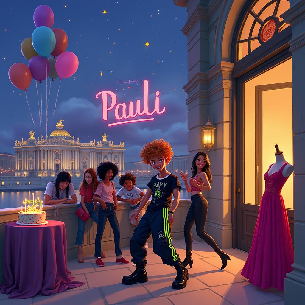 The scene unfolds on a charming balcony that boasts a breathtaking view of the grand Vienna Opera House, its intricate Baroque architecture illuminated beautifully against a twilight sky. Twinkling fairy lights and hanging lanterns drape around the balcony, casting a warm and inviting glow. Here, a slender, strawberry blond cartoon character with short, curly hair and a broad chin is the center of attention. This character embodies a fusion of dark 90s rave and Japanese street style, sporting oversized dark cargo pants with neon green stripes, a baggy black t-shirt inscribed with Japanese characters in white, and chunky black boots. He dances energetically with a stylish group of friends, some adorned with neon accessories, while others flaunt vintage band t-shirts and platform shoes.

Adding to the ambiance against the balcony's railing is a tailor's dummy, proudly showcasing a stunning red gown from Dior that catches the light in an elegant display. This glamorous gown presents a striking contrast to the edgy attire of the dancers, with its flowing fabric and intricate embroidery. To the left of the scene, a small table is festively arranged with a birthday cake, decorated with colorful icing and the cheerful words 'Happy Birthday Pauli' written prominently in vibrant frosting. Above, in the star-studded sky, fluffy clouds form a whimsical script spelling out 'Pauli', enhancing the magical atmosphere of the celebration. Balloons in shades of blue and purple float about, with some tied to the balcony railing while others drift gently upward.

Together, these elements create a lively, quirky, and uniquely crafted birthday scene, meticulously designed to honor Pauli's special day. 

Made with ❤️ by AI.  
Generated with these themes: a slender strawberry blond cartoon character dressed in dark 90s rave and Japanese street style, dancing on a balcony with friends, the Vienna Opera in the background, and a tailor's dummy showcasing a red Dior gown.