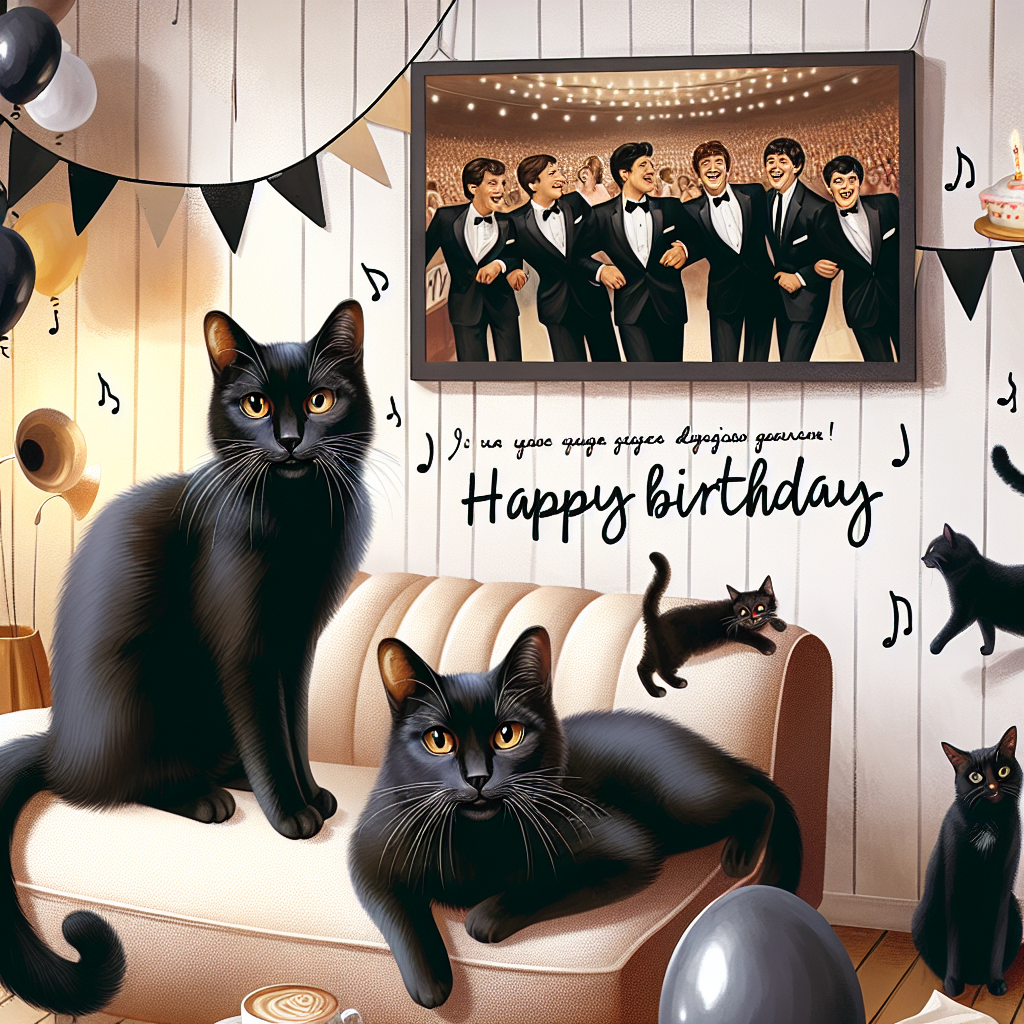 A warm and comfortable birthday scene. Black cats with gleaming eyes, creating a whimsical touch in a realistic setting, are playfully scattered throughout the room. A banner with 'Happy Birthday' is hanging, the words written in an elegant font. The sound of classic hits from the late 20th-century boy band era plays softly, blending with the joyous laughter and conversation of friends of varied descents and genders. The cats, with their shiny black fur and graceful movements, seem fascinated by the joyful chaos around them.
Generated with these themes: Black cats, Take That .
Made with ❤️ by AI.