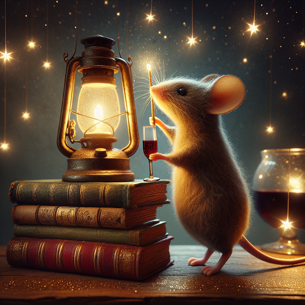 A whimsical birthday scene takes place under a star-speckled sky. A noticeably oversized, inquisitive mouse stands on its hind legs, carrying a historical-style lantern that bathes a stack of ancient books in a warm, golden glow. The mouse's curiosity makes the scene more captivating. To add to the scene's enchantment, a half-filled glass of red wine is balanced precariously on the highest book, reflecting the twinkling dance of the stars above.
Generated with these themes: Mouse, Lantern , Stars, Books, and Red wine .
Made with ❤️ by AI.
