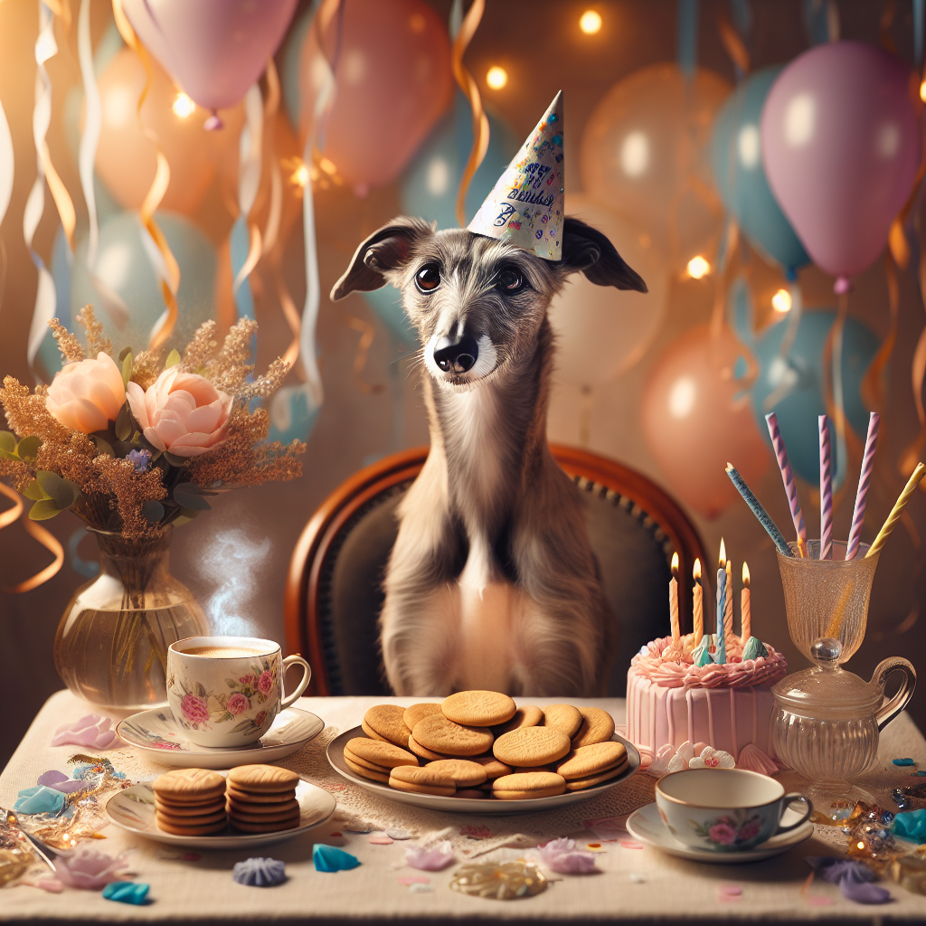 Create an enchanting image of a heartwarming birthday-themed celebration featuring a charming grey whippet adorned with a birthday hat. The scene should prominently depict him sitting patiently at a festively set table with decorations such as a steaming cup of coffee, a plate full of golden-brown biscuits, and a small bouquet of blooming flowers. Illuminate the background with pastel-colored floating birthday streamers and balloons, manifesting an atmosphere of a tender and serene celebration.
Generated with these themes: Grey whippet, Biscuits, and Coffee.
Made with ❤️ by AI.