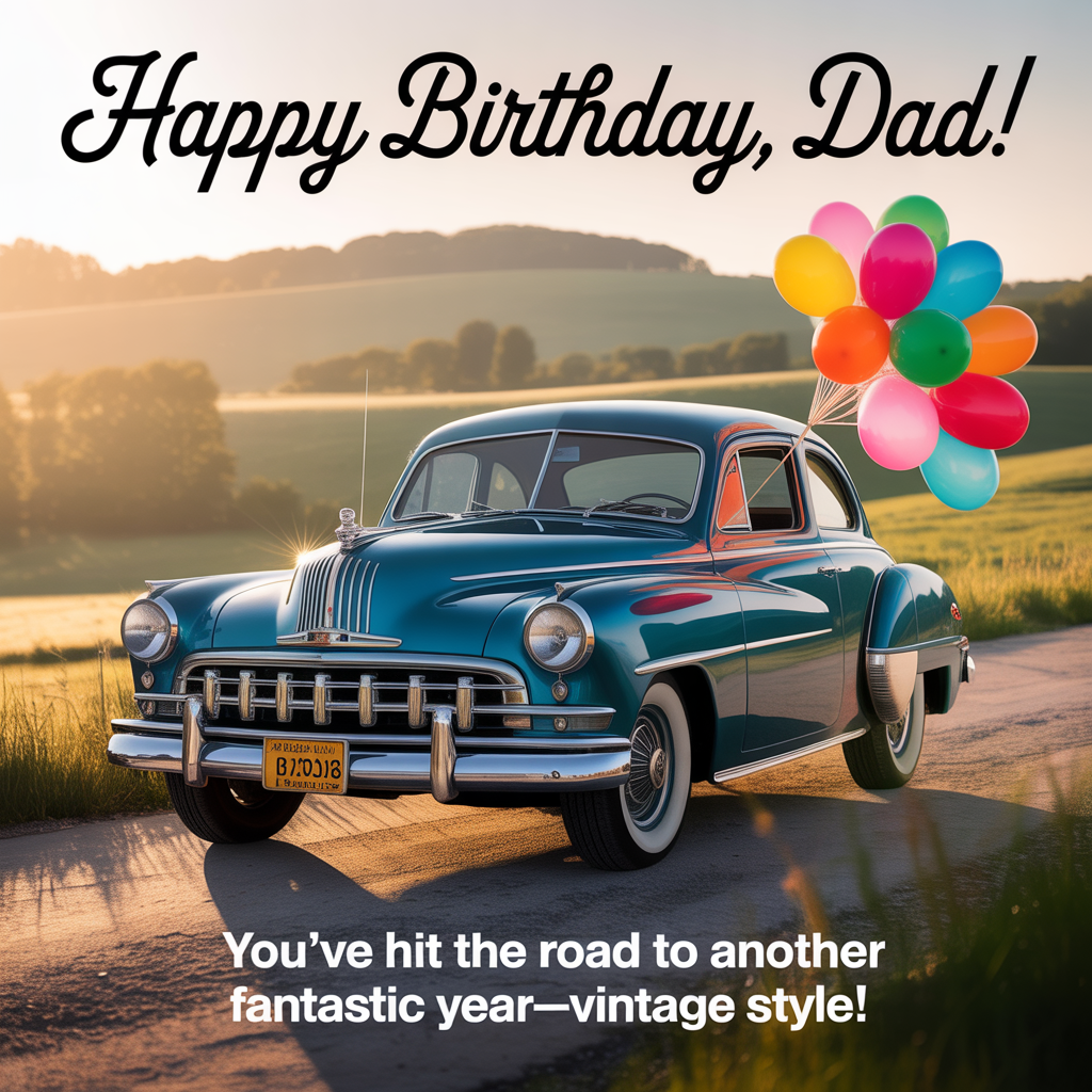 At the top of the image, "Happy birthday, dad!":

At the bottom of the image, "You've hit the road to another fantastic year—vintage style!" 

- Capture a photorealistic scene featuring a charmingly restored vintage car parked against a backdrop of a sunlit, idyllic countryside. The car gleams under the soft morning light, its classic chrome details reflecting a rainbow of colors. In the distance, rolling hills provide a picturesque setting, while a cluster of colorful balloons tied to the car’s antenna gently sway in the breeze, adding a playful, celebratory touch to the image.
Generated with these themes: Vintage cars, and .
Made with ❤️ by AI.