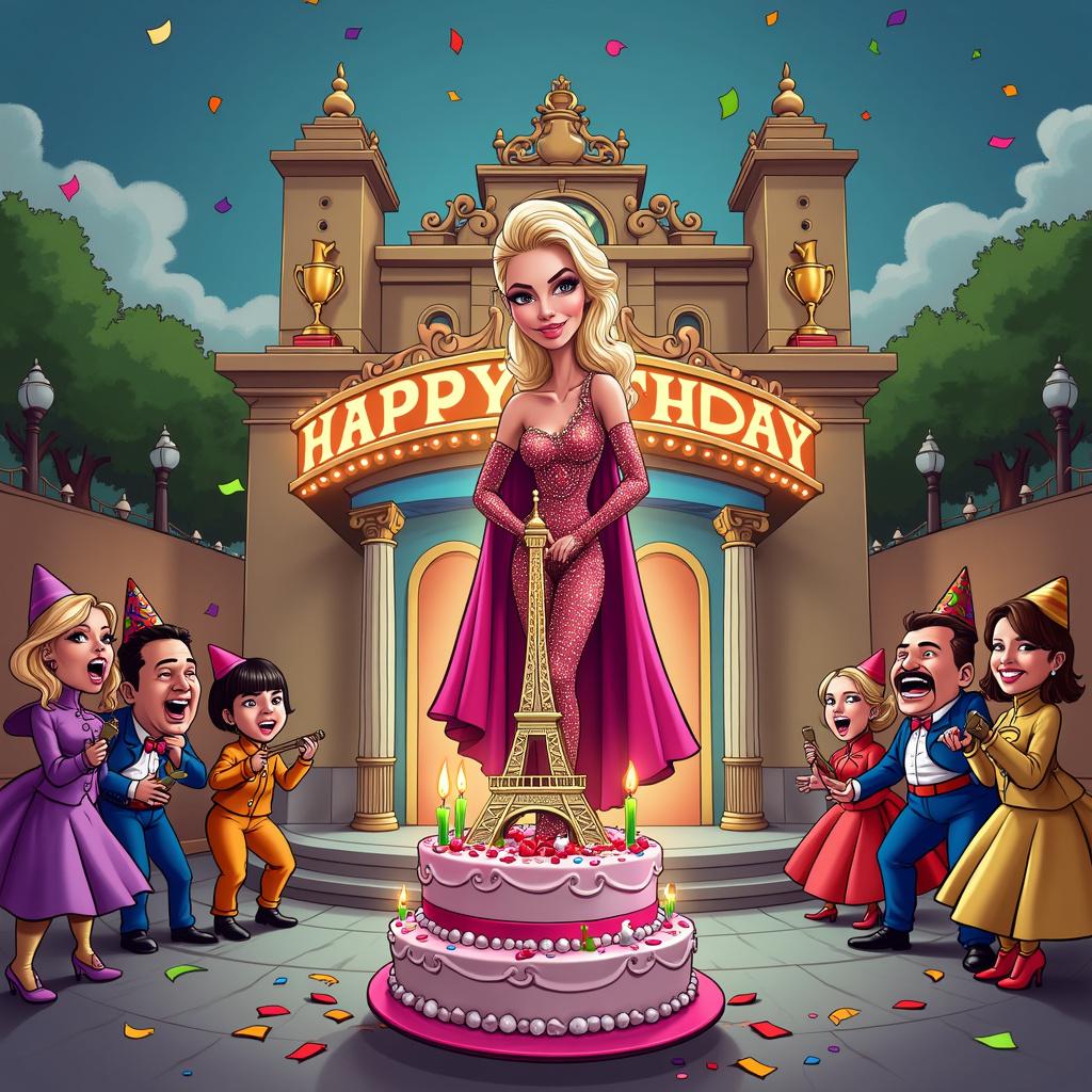 In the first variation of a Funny Cartoon birthday theme, the setting is the vibrant city of Seville, with its iconic orange trees lining the streets. Front and center, Paris Hilton is depicted in a cartoonish style, donning a flamboyant matador outfit, complete with sparkling embellishments and a hot pink cape. She stands confidently in front of a playful rendition of the Seville Theatre, which has been transformed into a festive birthday venue. The theatre marquee flashes 'Happy Birthday' in bold, flashy lights, with a cartoon Eurovision trophy sitting on either side, each wearing a mini party hat. On the stage, a multi-tiered birthday cake is shaped like the Eiffel Tower, covered in colorful fondant and glittering candles that flicker with comical, oversized flames. Confetti is raining down from the sky, and in the background, comically exaggerated caricatures of Eurovision performers act as a lively chorus, playing instruments formed from party favors.
Generated with these themes: Seville, Paris Hilton , Theatre, and Eurovision.
Made with ❤️ by AI.