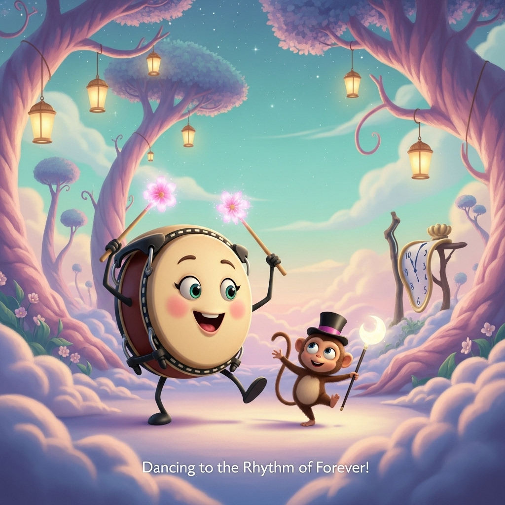 **Image Prompt:**

Imagine a whimsical and dreamlike scene where a Bongo drum and a Potto (a small, tree-dwelling primate) are engaged in a delightful dance under a starry night sky. The Bongo drum has animated features, with large, expressive eyes and a wide, joyful smile, as its drumsticks transform into delicate flower petals with each beat. The Potto, with its wide, curious eyes and a playful grin, is wearing a tiny top hat and holding a cane made from a glowing moonbeam.

In the background, towering, surreal trees twist and swirl like cotton candy, their branches adorned with hanging, luminous lanterns that sway gently in the breeze. A carpet of soft, fluffy clouds forms the ground, and in the distance, you can see a melting clock draped over the horizon, adding a touch of Dali-esque magic.

The ethereal lighting bathes the scene in pastel hues of pink, lavender, and mint green, creating an enchanting and otherworldly ambiance. 

**Text Caption:**

"Dancing to the Rhythm of Forever!"
Generated with these themes: Bongo, Potto, and .
Made with ❤️ by AI.