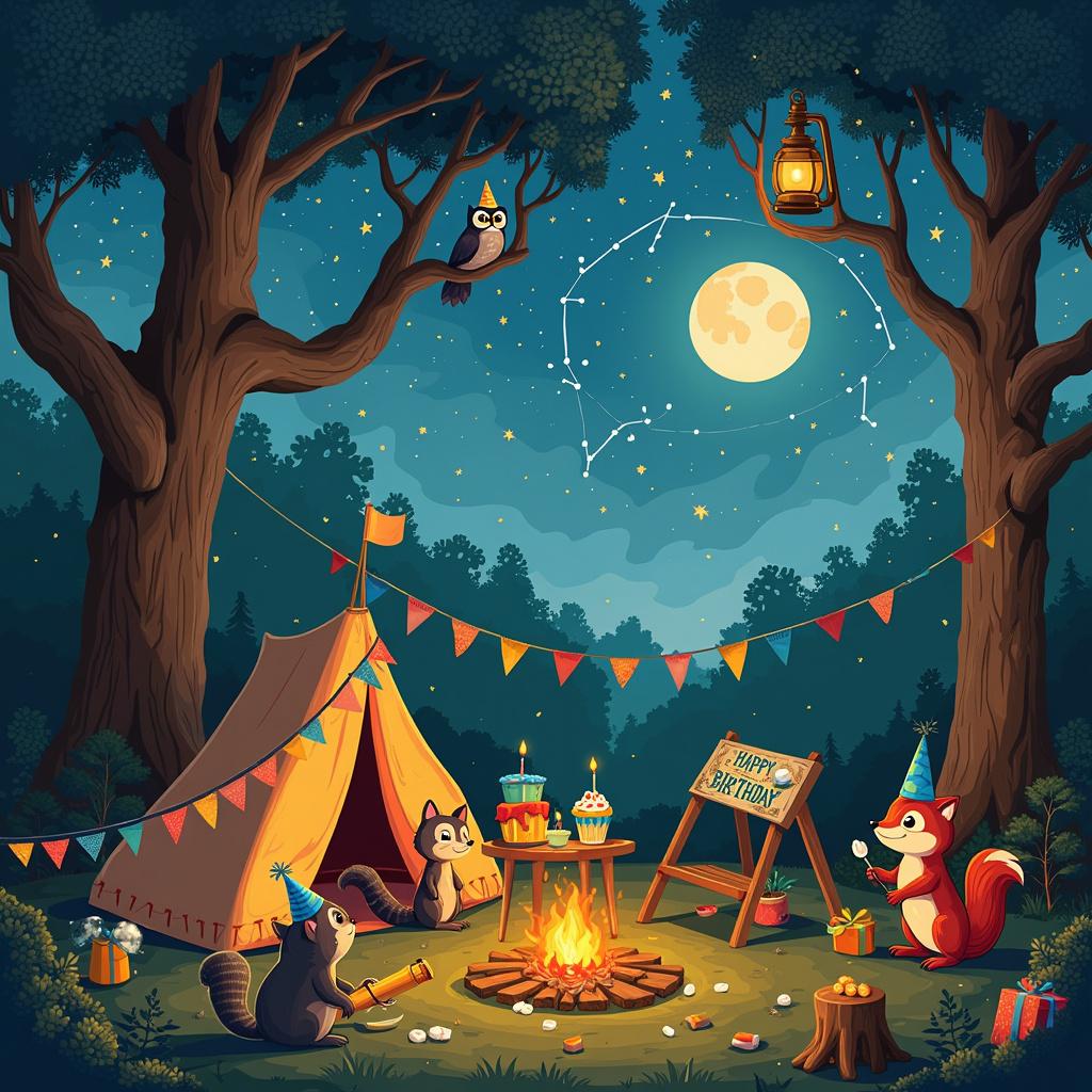 In a whimsical, moonlit forest clearing, a cozy campsite is set up beneath a canopy of ancient, towering trees whose branches intertwine like an enchanted cathedral. At the center of this magical scene is a charming, vintage-style canvas tent, adorned with colorful bunting, pitched next to a crackling campfire. Here, marshmallows roast on skewers held by a delightful group of forest animals dressed in party hats: a raccoon, a fox, and a hedgehog. Twinkling fairy lights enhance the coziness of the tent, while a small telescope nearby invites curious stargazers to gaze at the night sky. An old-fashioned, wooden picnic table, laden with a whimsical birthday cake decorated with star-shaped candles and constellation-themed cupcakes, complements a jug of lemonade. The night sky above is a breathtaking tapestry of swirling constellations, with Leo the Lion playfully chasing Gemini, and Orion's belt sparkling prominently. The Milky Way stretches across the sky like a luminous ribbon, while, high up in the branches, an owl donning tiny spectacles and a wizard hat studies an ancient, weathered star chart. Nearby, a squirrel with a telescope is mapping out the constellations. Fireflies dance among the trees, adding a magical glow to the ambiance. A festive banner strung between two trees reads "Happy Birthday" in a whimsical font, and a small pile of brightly wrapped presents sits on a tree stump, eagerly waiting to be opened. On one side, an old-fashioned lantern hanging from a tree branch casts a warm light over a whimsical telescope, inviting viewers to peer through and discover the wonders of the stars for themselves.

Generated with these themes: Camping, Astronomy, and Constellations.  
Made with ❤️ by AI.