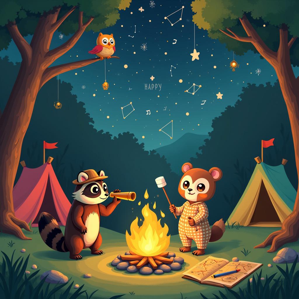 In a whimsical forest clearing at night, the setting is illuminated by a deep indigo sky, which is adorned with twinkling stars and intricate constellations such as the Big Dipper and Orion, lending them a playful, almost animated quality. At the center of the clearing, a crackling campfire emanates vibrant orange and yellow flames, encircled by smooth, round stones. To the left of the campfire stands a quirky, cartoonish raccoon, sporting an old-fashioned explorer hat, as it peeks through a telescope at the twinkling stars above. On the right side of the campfire, a whimsical, slightly chubby bear, dressed in a vintage star-patterned pajama suit, roasts a marshmallow on a stick. 

Behind the campfire, two colorful triangular tents—one adorned with polka dots and the other with stripes—have been pitched, a flagpole between them proudly displaying a banner that reads "Happy Birthday!" Near the base of the campfire rests a small open book, featuring illustrations of constellations, with its pages gently fluttering as if kissed by a breeze. Scattered throughout the clearing are various pieces of camping equipment, including a lantern, a compass, and an old-fashioned map that showcases a star chart. On the left side of the clearing, a tree with low-hanging branches provides a perch for an owl with exaggerated, expressive eyes, wearing glasses and holding a tiny magnifying glass, as if earnestly studying the stars.

In the sky above, a shooting star darts across the nightscape, leaving behind a long, sparkling tail that seems to leap playfully. Behind the tents, whimsical, twisting trees and vibrant foliage create a magical backdrop, sprinkled with hints of glowing fireflies, adding to the enchanting atmosphere of the night.

Generated with these themes: Camping, Astronomy, and Constellations.  
Made with ❤️ by AI.
