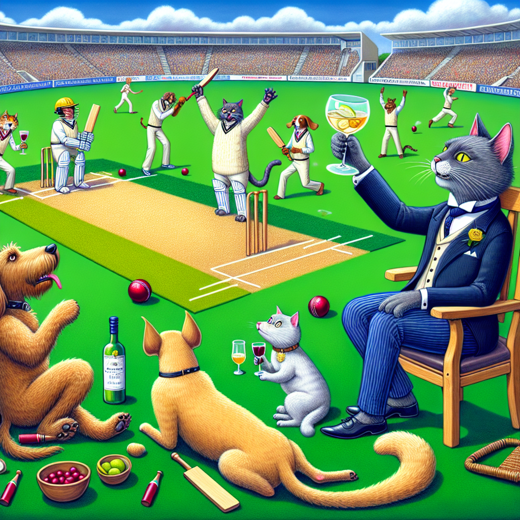 Create a whimsical illustration of an animated cricket game taking place on an astroturf pitch, between anthropomorphic cats and dogs. In this friendly match, some of the animals exude notable characteristics, like a cat bearing resemblance to a head teacher, toasting with a glass of gin off to the side. Additionally, capture a jovial dog nearby, holding a wine bottle, overseeing the game. The scene should embody a distinctive fondness for pets, sports and fine spirits, symbolizing a significant anniversary.
Generated with these themes: Cricket, cats and dogs, gin, wine head teacher, astroturf.
Made with ❤️ by AI.