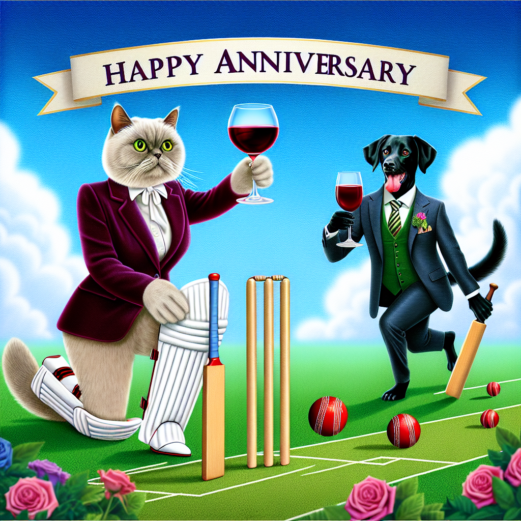 Generate a delightful illustration marking an anniversary, which features a whimsical cricket game between cats and dogs on a vibrant artificial grass field. In the forefront, a female Caucasian cat depicted as a head teacher raises a goblet of gin in celebration, while a male black dog playfully puts forth a goblet of wine, denoting the mutual merriments and passions of the couple being honored by the illustration.
Generated with these themes: Cricket, cats and dogs, gin, wine head teacher, astroturf.
Made with ❤️ by AI.