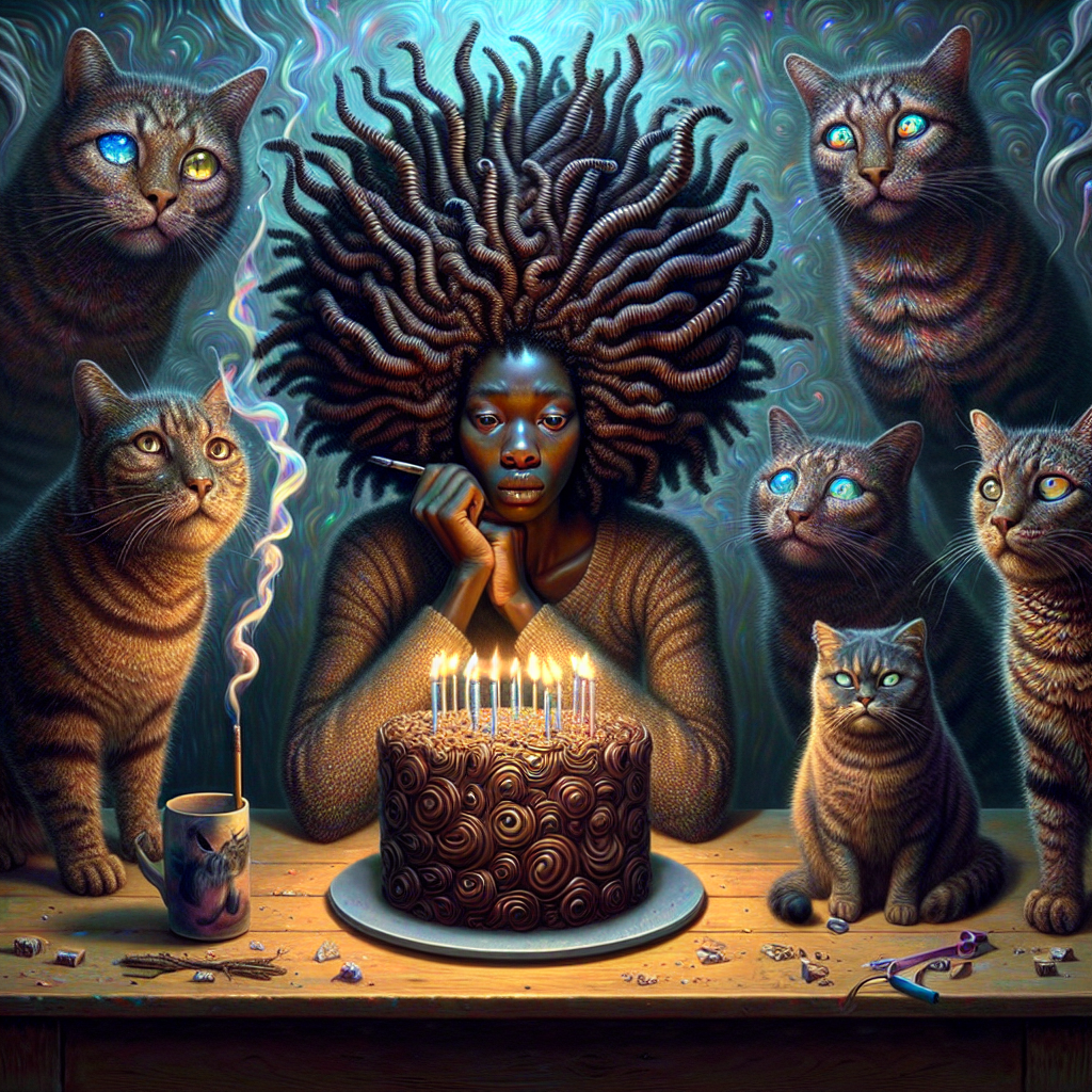 Black woman, Curly hair, Cats, Chocolate, and Smoking Birthday Card