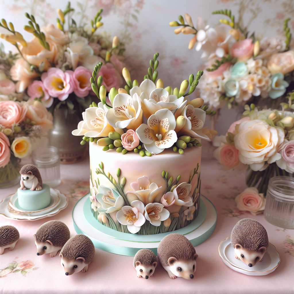 A charming, realistically depicted birthday scene with a touch of elegance. The main focus is the pastel colored tablecloth decorated with detailed illustrations of freesias. In the middle of the table stands a painstakingly crafted cake, bedecked with freesia blooms recreated in sugar and miniature figurines of hedgehogs. Soft, plush hedgehogs are placed throughout the space, arranged amidst the floral displays, adding a sense of warmth and natural beauty to the celebration atmosphere.
Generated with these themes: Freesias, and Hedgehogs.
Made with ❤️ by AI.