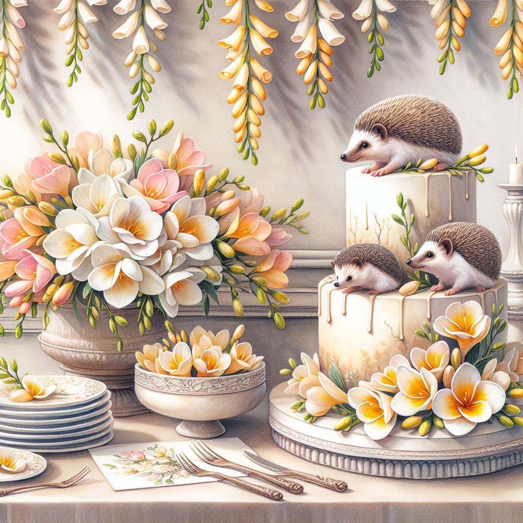 Illustrate a harmonious blend of nature and festivity. The scene is of a birthday party decorated with hand-painted freesia garlands draped across the walls. A tiered cake holds the spotlight in the setting, adorned with lifelike hedgehog toppers nestled between real freesia blossoms. Matching the theme, the tableware shows off delicate hedgehog and freesia motifs. It sets a serene and enchanting tone for the special day.
Generated with these themes: Freesias, and Hedgehogs.
Made with ❤️ by AI.