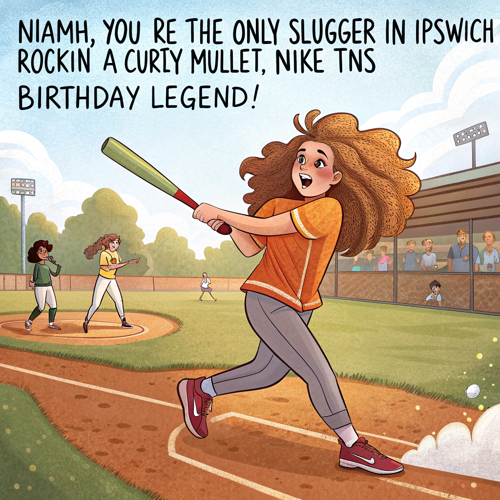 At the top of the image, "Niamh, you’re the only slugger in Ipswich rockin’ a curly mullet, Nike TNs, and a batting average of ‘Birthday Legend’!"

– Depict a realistic photograph-style scene on a sunny afternoon at a baseball diamond in Ipswich, Brisbane.  
– In the foreground, Niamh is confidently stepping up to bat — she’s got a glorious, exaggerated curly mullet blowing in the breeze like it's ready to take flight.  
– She’s wearing bright, attention-grabbing Nike TN sneakers that somehow match her bat, which glows slightly like it knows it's about to knock this one into next week.  
– Around the field, a motley local baseball team of confused kangaroos and suburban dads in retro tracksuits cheer her on from behind a makeshift dugout made of Esky coolers.  
– A “Happy Birthday” banner flaps in the background from two tied-up gum trees, while a sneaky kookaburra wearing a tiny cap is trying to steal snacks from someone’s sports bag.  
– Add small touches like birthday candles poking out of her batting helmet, and an umpire holding a slice of pavlova instead of a strike card.
Generated with these themes: Baseball, Curly hair mullet, Nike tn sneakers, and Ipswich, Brisbane.
Made with ❤️ by AI.
