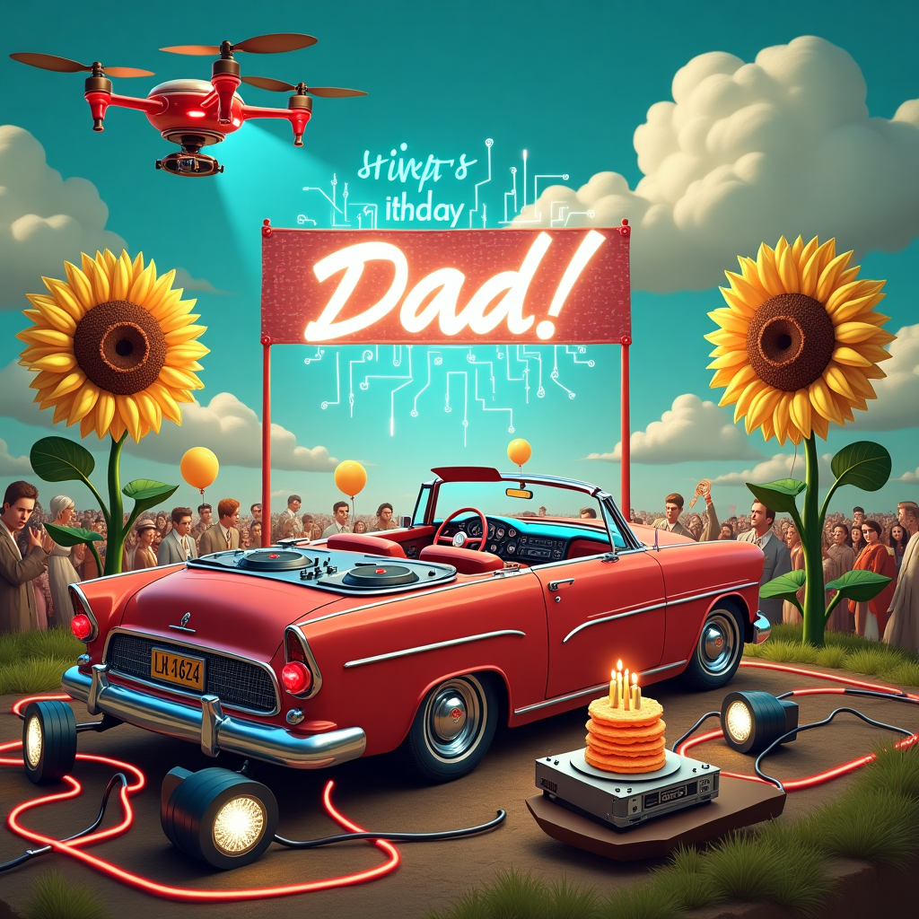 In the whimsical scene for this unique birthday card, imagine a quirky open-air setting where the spotlight is a vintage convertible car parked on an elevated, makeshift DJ booth. The car is an eye-catching classic with a shiny, cherry-red exterior, its top down to expose turntables and mixer decks cleverly set up across the backseat. The steering wheel is cheekily repurposed as a volume control knob, and vinyl records are whimsically piled up on the passenger seat like a stack of delicious pancakes. 

The car is surrounded by a throng of electrical cords resembling tangled vines, snaking outwards to power speakers mounted on stands that resemble towering sunflowers, their petals made of flexible LED strips flashing in sync with the beats. Above this electrifying setup, a drone hovers, projecting a holographic, colorful banner in mid-air with the words "Happy Birthday, Dad!" pulsating and shimmering like a vibrant aurora.

In the background, you can see a lively gathering of partygoers dressed in retro-futuristic attire, grooving to the music. Balloons, adorned with circuit board patterns, float around, and a quirky cake shaped like a mixing console sits on a table, candles designed to look like glowing amplifier tubes.

In the sky, fluffy clouds are manipulated by an inventive weather machine to spell out "Dad" with trails of electric blue and neon green, creating an electrifying, larger-than-life message. The scene captures a vivid narrative, intertwining the themes of DJ, car, and electrical in an innovative and entertaining way that celebrates Dad's special day.
Generated with these themes: DJ, Car, and Electrical.
Made with ❤️ by AI.