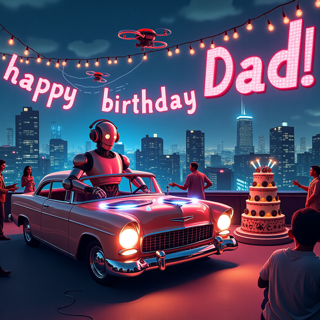 The scene is set in an electrifying cityscape, where a lively birthday celebration unfolds on a rooftop. The centerpiece is a vibrant DJ booth crafted from the front half of a retro car, complete with gleaming chrome bumpers and headlights that flash in sync with the beats. The DJ, a funky robot with a turntable for a torso, spins vinyl records that emanate neon electrical arcs, lighting up the night sky. Surrounding the booth, party-goers, both human and android, groove to the rhythm, with some wearing headphones shaped like miniature steering wheels. On the rooftop, strings of colorful light bulbs zigzag overhead, each bulb resembling a tiny car tire, casting a warm glow over the scene. A three-tier birthday cake stands prominently to one side, decorated with edible records and toy cars, with a banner above it that reads, “Happy Birthday Dad!” in bold letters made of sparking LED lights. In the sky, a drone carries a holographic projection of the words “Party On, Dad!” trailing behind it, casting shimmering reflections on the nearby skyscrapers. The city's skyline is dotted with buildings whose windows flicker like equalizer bars, as if the entire city pulses with the rhythm of the celebration. This energetic and whimsical scene captures the fusion of DJ beats, automotive flair, and electric excitement, all celebrating Dad’s special day.
Generated with these themes: DJ, Car, and Electrical.
Made with ❤️ by AI.