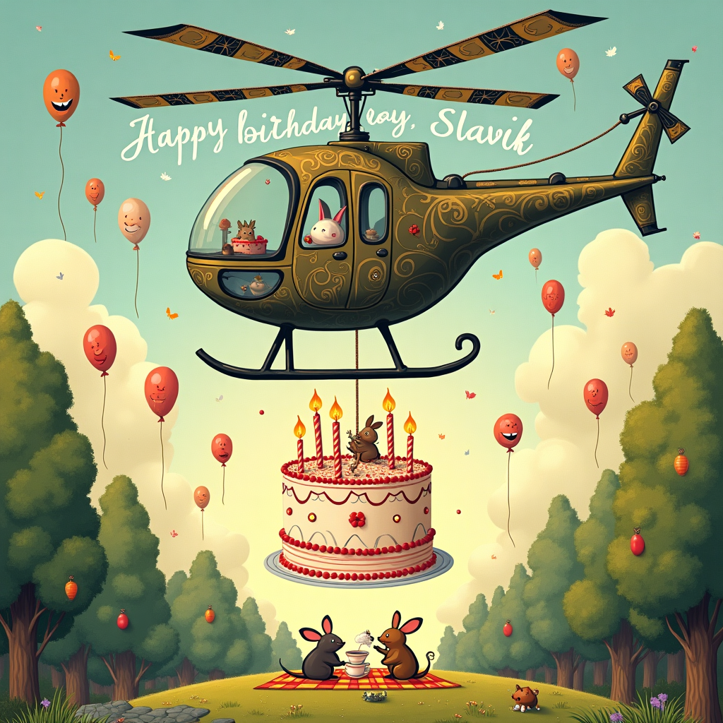 In the whimsical birthday card scene, a delightfully quirky helicopter hovers mid-air, reminiscent of a vintage contraption. Its rotors are whimsically exaggerated, like delicate lacework, and their intricate patterns are a nod to Aubrey Beardsley's detailed illustrations. The body of the helicopter is decorated with lively illustrations of party hats and confetti, echoing Quentin Blake's playful style. Suspended from the helicopter is a gigantic, cheerful birthday cake, precariously dangling from a rope, similar to the adventurous visuals of Maurice Sendak's story worlds. The cake is adorned with vibrant frosting and oversized, colorful candles, each flickering with an exaggerated flame that dances whimsically in the air. In a nod to Norman Rockwell's detailed storytelling, tiny party-goers, reminiscent of woodland creatures à la Beatrix Potter, are seated atop the cake, cheering joyously. In the background, the sky is a Maxfield Parrish-inspired gradient of twilight colors, and among the clouds, wispy letters spell out "Happy Birthday, Slavik," like skywriting magic. A trail of balloons with amusing, illustrated faces and Edward Gorey-esque quirky expressions float playfully around the helicopter, adding to the festivity. On the ground below, a lush, Arthur Rackham-inspired enchanted forest provides a backdrop, with a quaint clearing where woodland creatures gather around a picnic blanket, clinking tiny teacups in celebration. The entire scene is a blend of adventurous fantasy and birthday merriment, captured with the storytelling depth of N.C. Wyeth and the intricate detail of Gustave Doré.
Generated with these themes: Helicopter .
Made with ❤️ by AI.