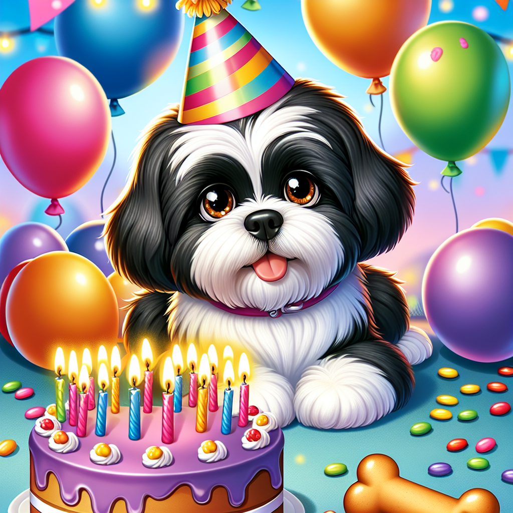 Imagine a visually engaging scene unfolding in a lively cartoon-style universe, filled with birthday decorations. The main character in this cheerful setting is a typical-sized, adult Lhasa Apso dog, distinguished by its shiny black and white fur and sparkling warm brown eyes. The dog is looking festive, wearing an adorable birthday hat. Surrounding it are vibrant balloons of various colors and a massive bone-shaped birthday cake, beautifully adorned with lit candles.
.
Made with ❤️ by AI.