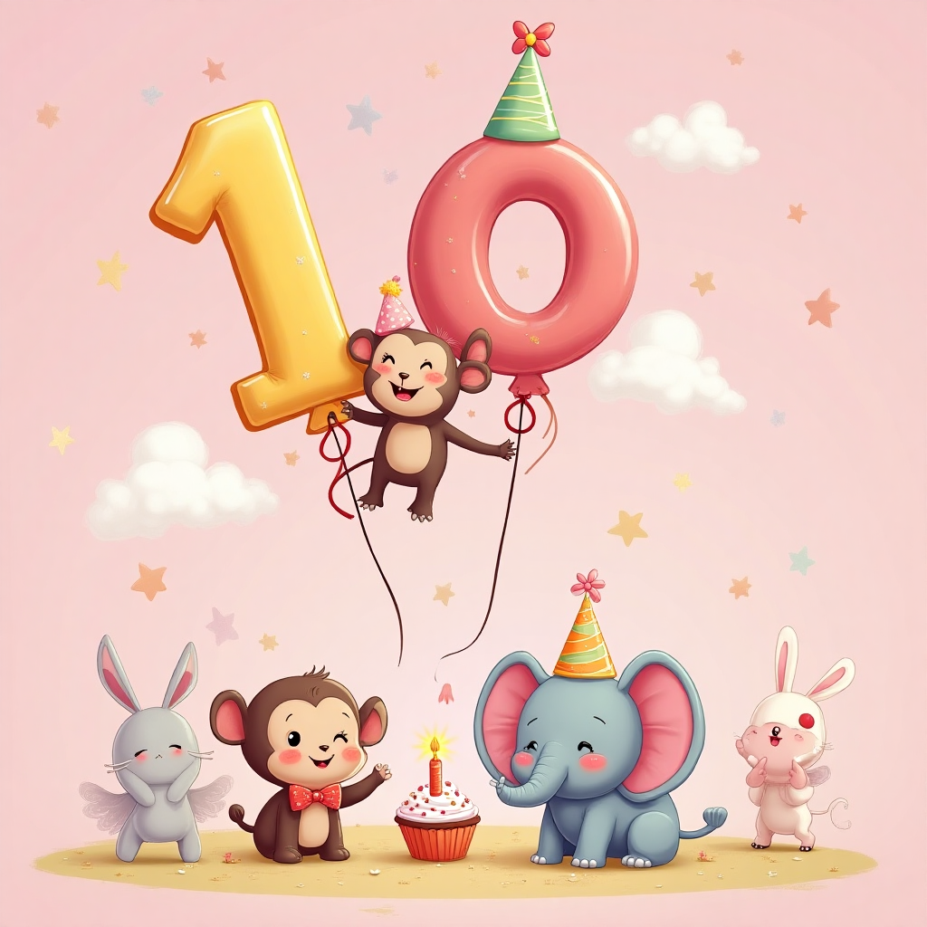 At the top of the Cartoon Style image, include the text "Happy Birthday Chisimdi".

**Image Prompt:**

In a delightful cartoon scene, a joyful celebration unfolds with an adorable cast of characters. Imagine a whimsical world with a soft pink background, where everything is vibrant and lively. At the center, a large, cheerful number "10" is formed by two balloons. One balloon is shaped like a playful, round zero, and the other like a quirky, elongated one.

Around the balloons, a group of cute, animated animals join in the fun. A cheeky monkey with a party hat swings from the zero, while a smiling elephant wearing a colorful bowtie holds the number one with its trunk. Nearby, a small bunny with oversized ears and a bright, giggling expression holds a tiny cupcake, its candle aglow.

The sky is dotted with tiny stars and fluffy clouds that resemble floating cotton candy. The overall mood is festive and heartwarming, capturing the essence of joy and wonder that comes with turning ten.
Generated with these themes: Cute, Happy birthday Chisimdi, Background pink , Number 10 because it is her tenth birthday, and .
Made with ❤️ by AI.