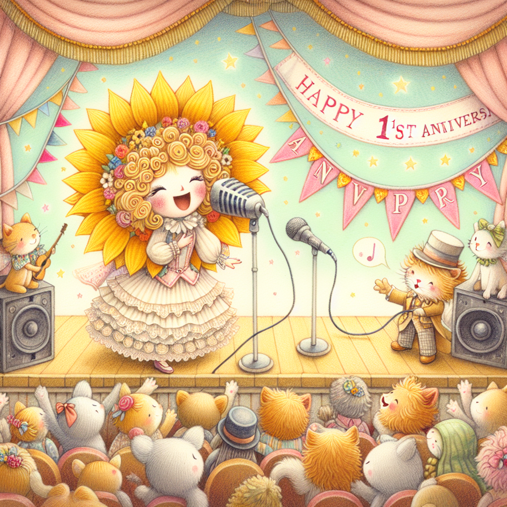 A heartwarming pastel-colored illustration captures the charm of a one-year anniversary celebration taking place in a quaint theater scene. A charismatic singer, with bright curly blonde hair reminiscent of sunflowers, performs on a stage adorned with festive bunting. The audience comprised of charming animated animal characters cheer enthusiastically whilst holding banners that read 'Happy 1st Anniversary'. The romantic elements and music are interwoven beautifully, resulting in an adorable image.
Generated with these themes: Theatre, Taylor swift, 1 year.
Made with ❤️ by AI.