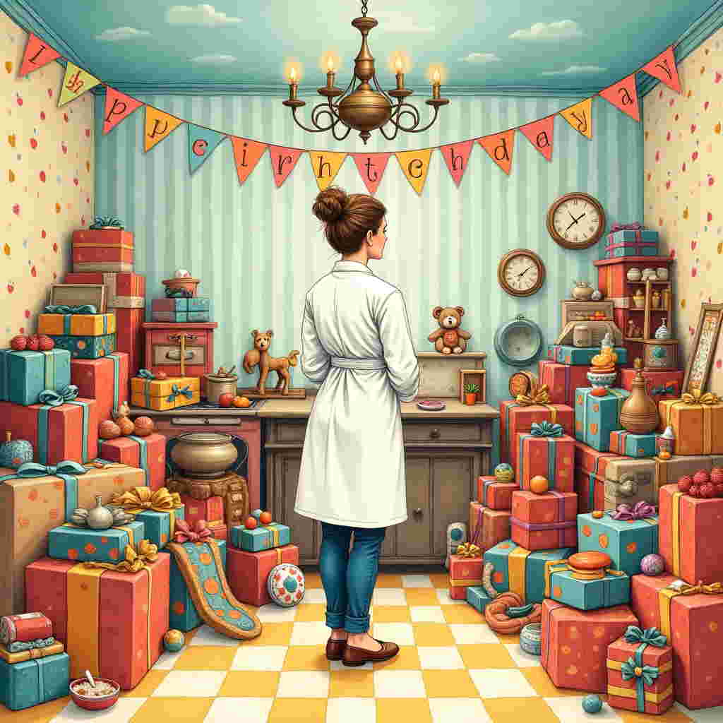 The card front captures a charmingly detailed and expressive scene, drawn in a hand-drawn, intricate style reminiscent of classic illustration artists. 

**Foreground:**

In the center, a woman chef with light brown hair is depicted, wearing a crisp white chef's coat adorned with playful, colorful patches resembling fruits and cakes. Her hair is tied back in a neat bun, emphasizing her lively expression of focus as she playfully engages with the whimsical surroundings.

**Room:**

The room is an imaginative wonderland, reminiscent of a child's dream, filled to the brim with an eclectic mix of presents and toys. Gifts are wrapped in vibrant hues of reds, blues, and greens, each with bows and patterns that suggest hours of careful wrapping. Interspersed among the presents are classic toys: a wooden rocking horse, a vibrant patchwork teddy bear, a spinning top in primary colors, and a train set weaving through the stacks of gifts.

**Background:**

The walls of the room are adorned with vintage-style wallpaper, featuring soft pastel florals that echo the gentle intricacy of Beatrix Potter's work. The ceiling is an enchanting sky blue with wisps of white clouds, giving the impression of an open, airy space. A whimsical banner stretches across the room, made of small, colorful flags, each letter in "Lisa" printed in a different hue, hanging cheerfully from wall to wall.

**Details:**

In one corner, a small, quaint kitchen playset mimics the culinary theme, with miniature pots, pans, and faux foods. The floor is an inviting checkered pattern of soft yellows and creams, creating a sense of warmth and nostalgia. The scene is softly illuminated by a vintage-style chandelier, casting gentle, inviting shadows that add depth and texture to the illustration.

This captivating scene, with its blend of precise detail and vibrant colors, invites viewers into a world of creativity and celebration, making it a perfect birthday greeting card.
Generated with these themes: women chef with light brown hair , Playing in a room full of presents and toys.
Made with ❤️ by AI.