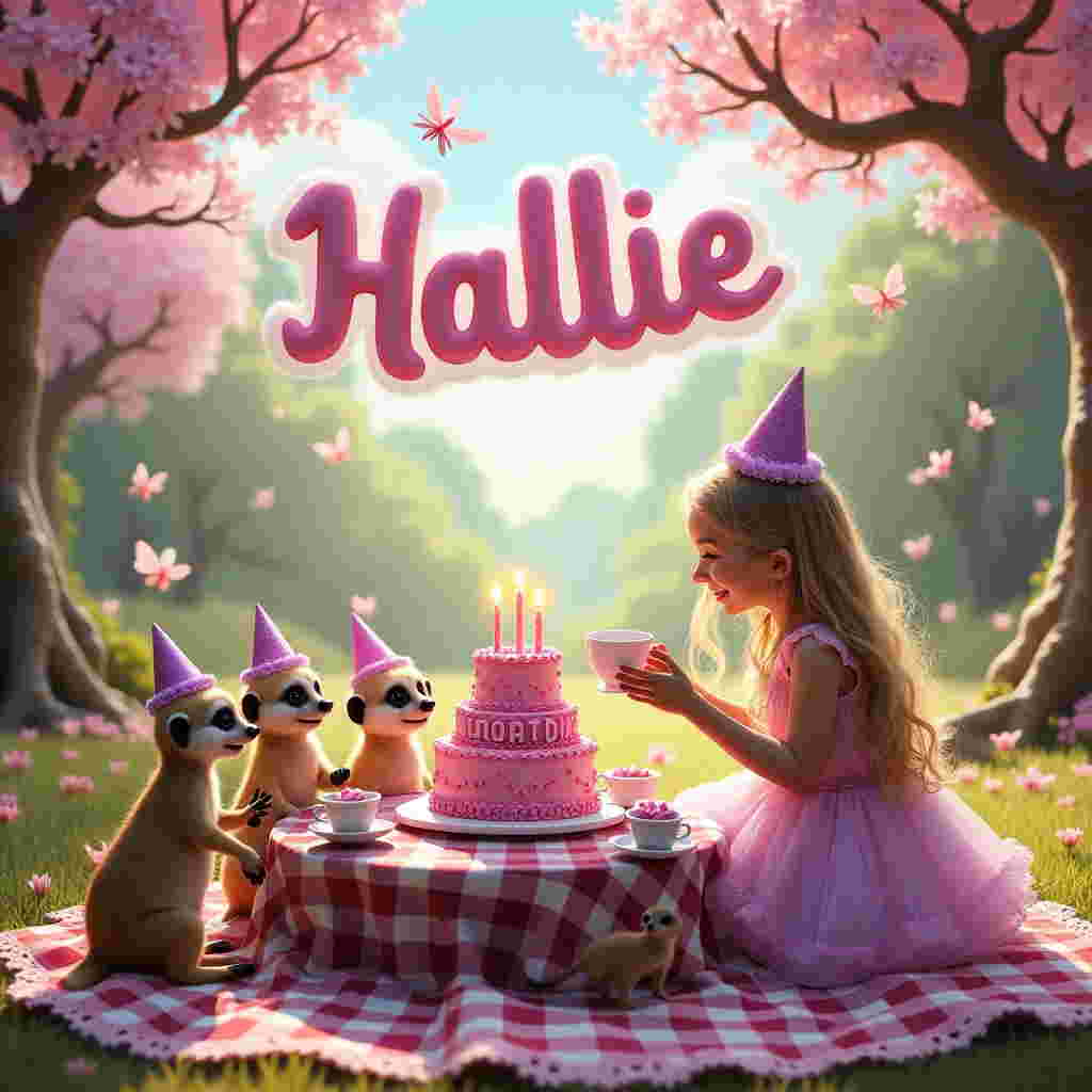 In a sun-dappled clearing in the heart of a whimsical forest, a delightful birthday picnic unfolds. A small wooden table draped with a pink and purple checkered cloth is set for a fantastical tea party. The centerpiece is an elaborate birthday cake, tiered with icing in swirling shades of pink and purple, topped with five radiant candles. The cake spells out "Happy Birthday Hallie" in glittering sugar letters. Surrounding the table, a group of mischievous meerkats, each wearing tiny party hats, are gathered. They are playfully attempting to balance teacups and saucers, their little paws juggling pink macaroons and purple cupcakes. Among them, a spirited 5-year-old girl with long, flowing blonde hair cascading down like sunlight joins in their merriment. She wears a flouncy dress adorned with frills and lace, in pink and purple hues, and giggles as she lifts a tiny teacup in a toast with her new friends. In the background, lush trees with canopies of pink and purple flowers sway gently. High above, fluffy clouds in the shape of balloons float in a vivid sky, spelling out "Hallie" in their formations, each letter decorated with streaks of vibrant pink and purple. Nearby, delicate butterflies flit about, adding a touch of enchantment to this very girly, magical scene.
Generated with these themes: 5 year old girl, Long blond hair, Meerkats, Picnic, Very Girly, Pink and purple, and .
Made with ❤️ by AI.