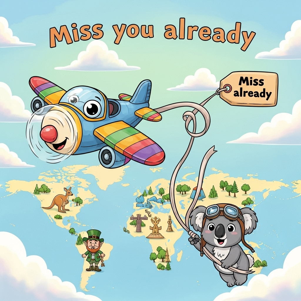 A plane flying from Australia to Ireland, A long ribbon with a tag on the on the end swirling out of the plane. The tag must say miss you already, A koala , and Farewell Card