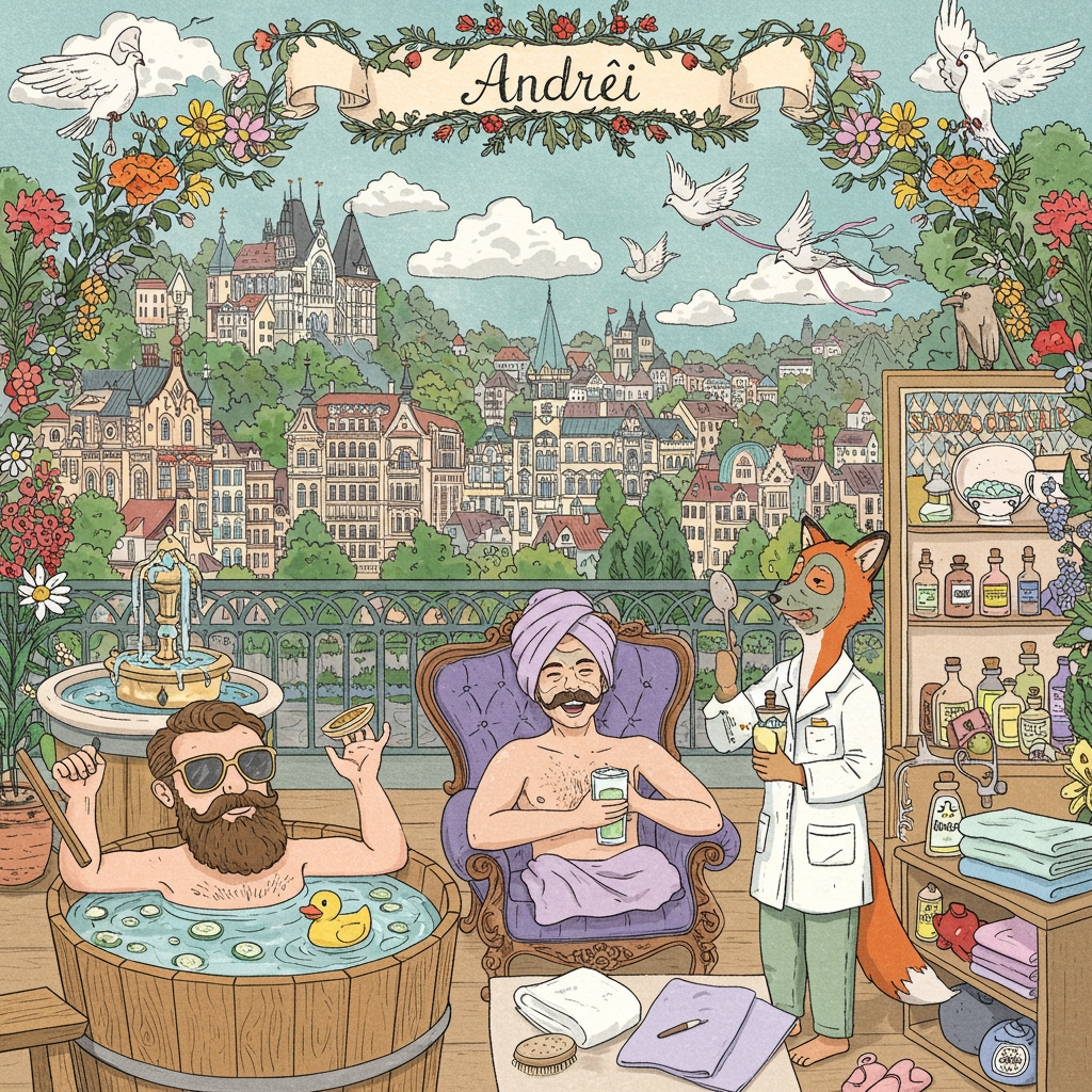 The front cover of the greeting card is a whimsical hand-drawn illustration capturing a joyful spa weekend in Karlovy Vary, set against a backdrop reminiscent of classic Norman Rockwell and Quentin Blake, with touches of whimsy and intricate detail.

In the foreground, three male figures are humorously depicted in spa attire. The first man, with a full, bushy beard, lounges comfortably in a wooden hot tub, a rubber duck perched on the water beside him. His sunglasses reflect the intricate, fairy-tale architecture of Karlovy Vary in the distance. Next to him, a second man with a prominent handlebar moustache is reclined in a plush, vintage chaise lounge, with a glass of cucumber-infused water held aloft. The third man, clean-shaven, is shown mid-laugh while receiving a mud mask treatment from a quirky, anthropomorphic spa therapist—perhaps a fox wearing a spa uniform, a nod to Beatrix Potter's animal characters.

Surrounding them are detailed spa elements: a cascading fountain with small, playful fish peeking out; a shelf lined with ornate bottles of fragrant oils and colorful bath salts; fluffy, oversized towels in a vibrant spectrum of pastels—sky blue, mint green, and lavender.

The background is a rich tapestry of the picturesque townscape, with pastel-colored buildings climbing the hills, their facades detailed with Art Nouveau embellishments. Lush greenery and blooming flowers, reminiscent of Maxfield Parrish’s enchanting gardens, frame the scene.

Above, a banner stretches across the sky, inscribed with the name "Andrei" in elegant, swirling script, crafted from the intertwined stems of blooming wildflowers, each petal detailed and bright.

In the sky, dotted with whimsically fluffy clouds, a flock of doves takes flight, carrying with them ribbons and streamers, adding a sense of movement and festivity to the card. The entire scene is rendered in a rich palette of warm, inviting colors—burnt oranges, deep greens, and royal purples—creating a vivid and celebratory tableau.
Generated with these themes: Spa weekend in Karlovy Vary (3 male persons (1 guy is with a beard, the other one with moustache and the 3rd guy without beard)) FUN and joy and lucky.
Made with ❤️ by AI.