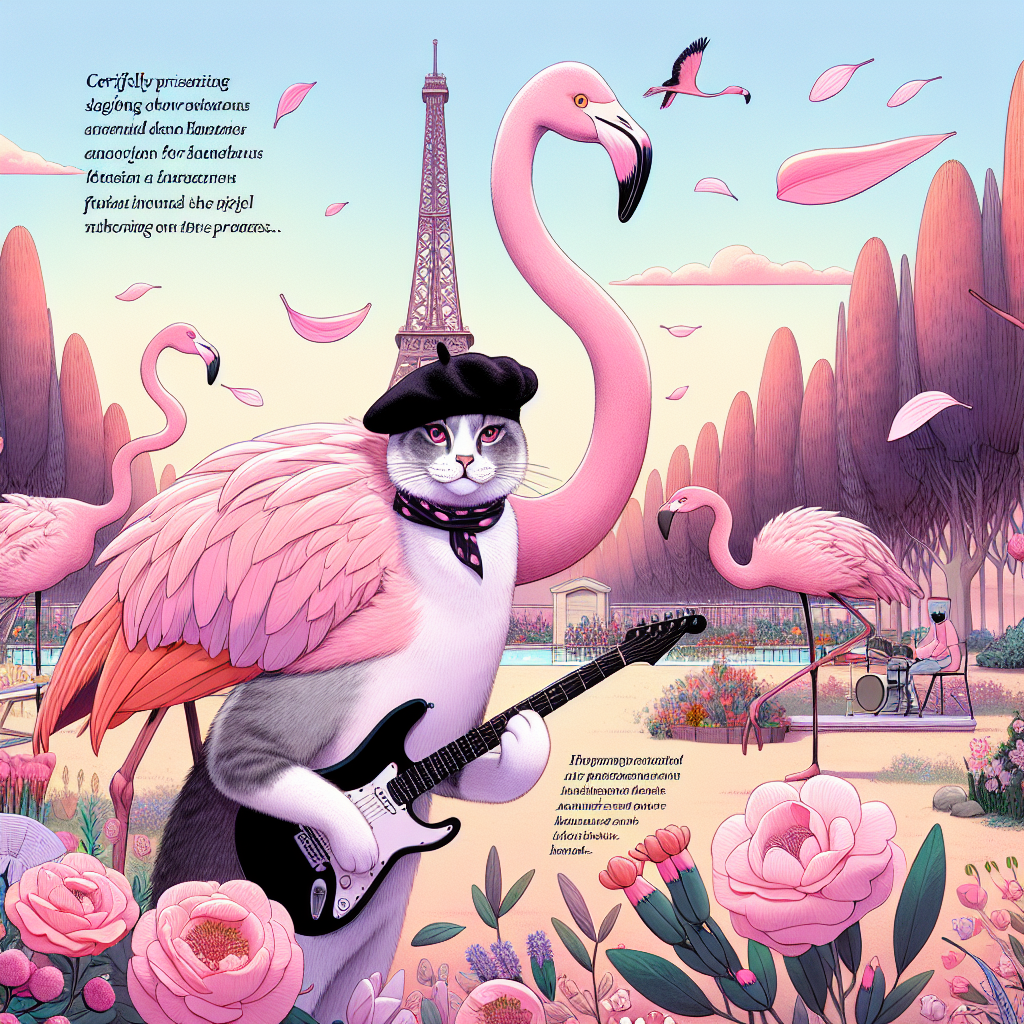 Imagine an ethereal scenery under a vast sky where flamingos transform into surreal pink blossoms alongside the backdrop of native Australian eucalyptus trees and an impressive structure akin to Eiffel Tower. Consider whimsical cats wearing berets playing electric guitars; their musical notes harmonizing with the surrounding rock music. Petals on the breeze act as a boundary between France and Australia. Carefully positioned flowers bloom in a spectrum of colors, embodying the spirit of Mother's Day without showing a physical mother.
Generated with these themes: Flamingoes, Cats, Flowers, Australia, France, and Rock music.
Made with ❤️ by AI.