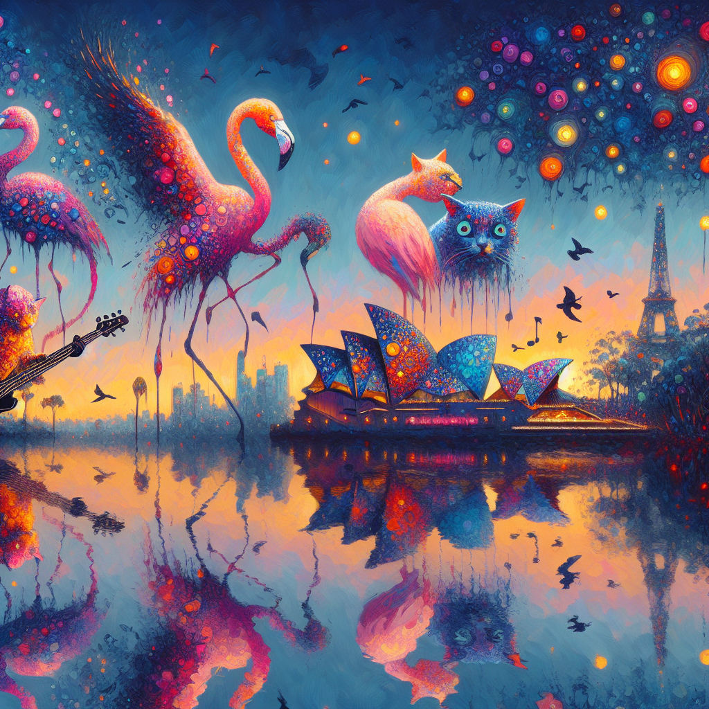 A dreamlike scene represents a fusion of French and Australian elements under a twilight-colored sky. Flamingoes, their reflections in the water distorting into abstract floral patterns, perform a delicate dance on the water surface. Vibrantly colored cats, akin to the works of impressionist art from the late 19th century in France and created using loose brush strokes in oil on canvas, strum bass guitars in tune with an unheard rock melody. Illuminated clusters of flowers speckle the scene. The flight paths of various birds sketch ephemeral trails across the silhouette of an architectural marvel akin to Sydney's famous opera house and a whimsical tower reminiscent of Paris' Eiffel Tower setting a tone of maternal nurturing within this surreal atmosphere.
Generated with these themes: Flamingoes, Cats, Flowers, Australia, France, and Rock music.
Made with ❤️ by AI.