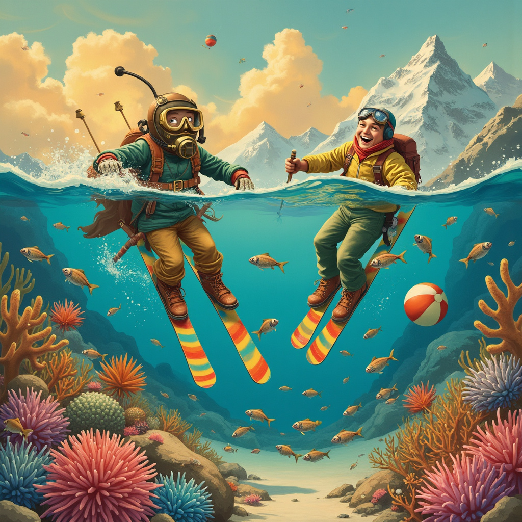 Picture a whimsical and humorous underwater scene with a twist! In the foreground, a jolly scuba diver, reminiscent of a Norman Rockwell character, is bobbing up and down with wide eyes behind his mask, clearly taken by surprise. The diver is wearing an old-fashioned, bulky, brass diving helmet with a ridiculously long snorkel that stretches all the way to the surface, making the diver look almost like an undersea explorer from a bygone era.

Swimming beside the scuba diver is a grinning skier clad in full ski gear, including a woolly hat, goggles, and brightly colored ski suit, but with a twist - the skis are replaced by two large, flattened, rainbow-colored fish acting as his ski boards. The skier's poles are candy canes, adding a touch of whimsy. The skier's legs are comically splayed as if trying to keep balance in the water.

Surrounding these two characters are a plethora of playful sea creatures inspired by Maurice Sendak's imaginative creatures. A group of curious octopuses with long, swirling tentacles are playing with a beach ball, their eyes full of mischief. There’s a school of fish, each with exaggerated features, some wearing tiny hats or bow ties inspired by Quentin Blake's playful illustrations.

Above them, a majestic sea turtle glides gracefully, casting a shadow over a coral reef teeming with vibrant life. The reef itself is a riot of colors and shapes, with spiky sea urchins, delicate sea anemones, and starfish in shades of pink and orange.

In the background, the water surface acts as a portal to another world. On one side, a golden sunset paints the sky with hues of orange, pink, and purple, as if Maxfield Parrish himself brushed the heavens. On the other side, you can see the snowy peaks of a mountain range, complete with tiny skiers zipping down the slopes, their trails glittering like Arthur Rackham's enchanted pathways.

Perched on a rock in the middle of this fantastical scene is a dapper-looking penguin, dressed in Edward Gorey-style Victorian attire, complete with a top hat and monocle, holding a "Happy Birthday!" sign with elegant, looping script.

The scene is an eclectic and lively underwater birthday bash, blending elements from various inspirations into a quirky, delightful illustration.
Generated with these themes: Scuba diver, Skiier, Underwater sea life, and Sunsets.
Made with ❤️ by AI.