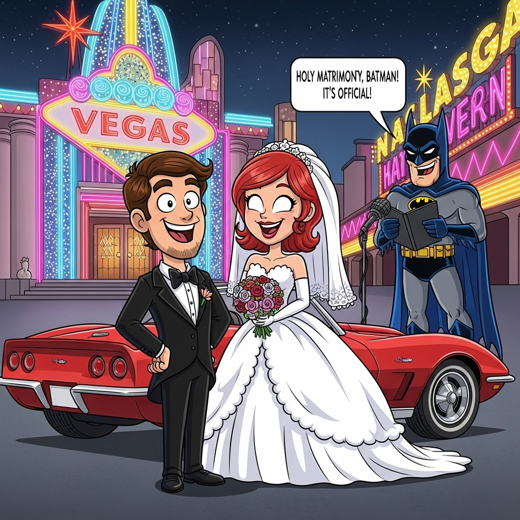 ### Image Prompt

Create a vibrant and whimsical cartoon scene set in the lively atmosphere of Las Vegas. Imagine a brown-haired man, dressed in a tuxedo with an exaggerated bow tie, and a red-haired woman, in a comically oversized wedding dress, both beaming with joy. They are standing beside a classic red Corvette that’s parked right outside a glittering Vegas chapel adorned with flashing neon lights.

In the backdrop, add a hilarious twist with a cartoonish Batman, who, instead of fighting crime, is playing the role of the officiant, complete with a microphone and a dramatically billowing cape. The characters are drawn with exaggerated proportions, big eyes, and expressive faces, capturing a joyful, playful energy.

For the caption, integrate the text within the scene: Have a speech bubble coming from Batman saying, "Holy Matrimony, Batman! It's Official!" This adds a cheeky, light-hearted element to the already whimsical scene. Bright, bold colors should dominate the palette, capturing the festive and extravagant essence of a Vegas wedding.
Generated with these themes: Vegas, brown haired man, red hair woman, corvette, batman, and .
Made with ❤️ by AI.