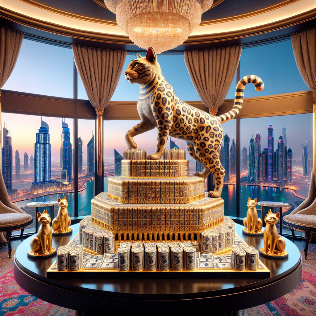 Create a celebratory scene encapsulating both realism and festivity, located in a lavishly adorned room offering a breathtaking view of Dubai's gleaming urban vista. Centered in the scene is an ornate figurine of an Egyptian Mau cat, characterized by elaborate spots, proudly standing on a birthday cake structured to mirror a pile of Bitcoins. The overarching theme embodies a luxurious birthday party in Dubai, subtly incorporating traditional elements. These are revealed through the meticulous detailing and the rich, grandiose ambiance.
Generated with these themes: Egyptian Mau cat, Dubai, and Bitcoin.
Made with ❤️ by AI.