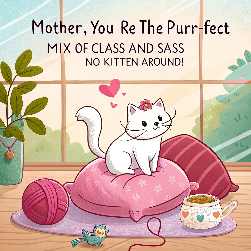 At the top of the image, "Mother, you’re the purr-fect mix of class and sass – no kitten around!"

- Illustrate a charming white Siamese cat lounging luxuriously on a plush pink velvet pillow atop a grand, oversized windowsill, bathed in warm golden sunlight.  
- Around her are small touches of whimsy: a spilled teacup with tiny heart-shaped steam clouds rising from it, a ribbon-draped yarn ball shaped like a heart, and a vase with dainty flowers on the ledge.  
- Outside the window, fluttering butterflies form faint heart patterns as they dance in the spring air.  
- The overall tone is dreamy, cozy, and adorably posh — fit for a feline queen celebrating Mother’s Day in high style.
Generated with these themes: white siamese cat.
Made with ❤️ by AI.