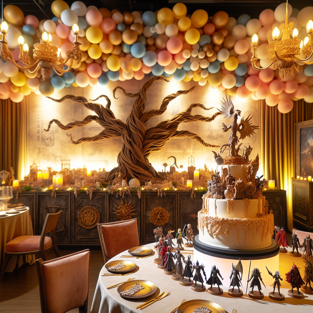 Create a delightful birthday scenario with an enchanting and authentic feel. The room is brimming with balloons imitating the structure of a mythical, majestic tree. A scrumptious cake sits in the center of the table, with complex ornaments representing mystical warriors and a variety of other characters inspired by a popular fantasy world. The tables are adorned with small banners echoing the design of a magical beacon. The soft illumination from the candles casts a warm light, setting a comforting and inviting atmosphere.
Generated with these themes: elden ring.
Made with ❤️ by AI.