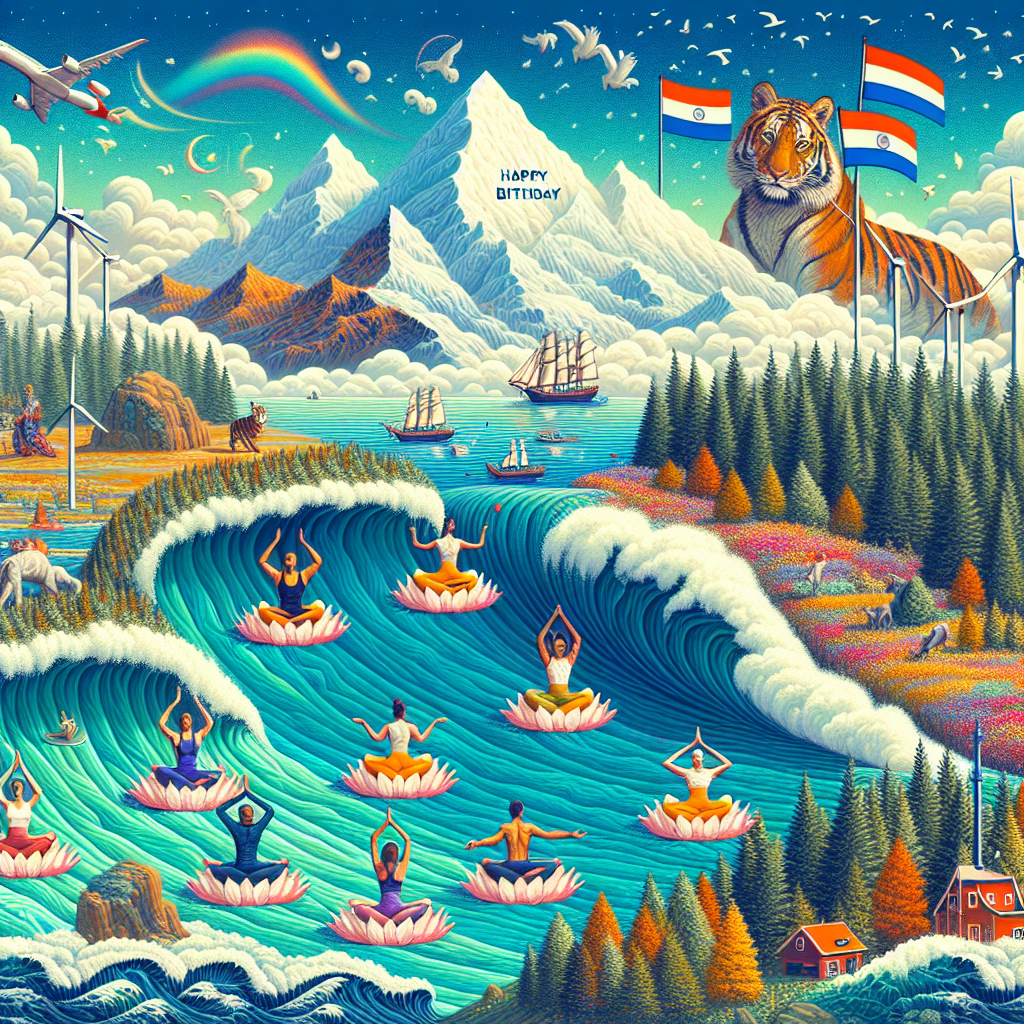 Generate a surreal vector illustration that represents a birthday scene. The background should consist of majestic mountains effortlessly transforming into powerful ocean waves. On these waves, place several yogis mid-pose on floating lotus pads. The image symbolizes a blend of the spiritual essence of India, the floral abundance of the Netherlands, and the wilderness of Canada. The color palette should be inspired by nature. Incorporate symbols from each country: a tiger navigating close to Dutch windmills, maple trees transitioning into a vibrant forest under a sky lit by the Northern Lights.
Generated with these themes: Yoga, Nature, Mountains, Ocean, India, Netherlands, Canada .
Made with ❤️ by AI.