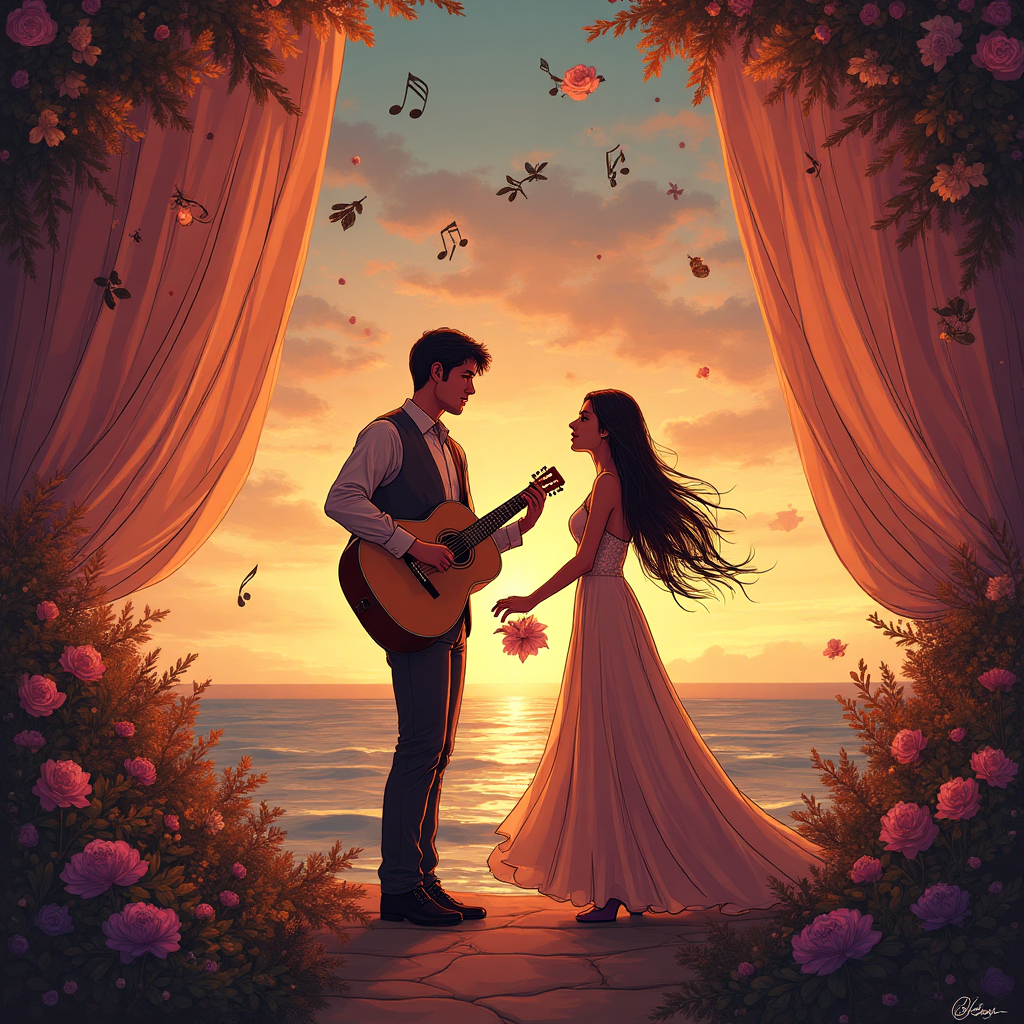 At the bottom of the Illustration Style image, the text reads: **Happy 12th Anniversary**

---

**Image Prompt:**

In the heart of a warm and enchanting scene, capture the essence of romance with an illustration that weaves together elements of silk, Cher, love, and a guitar. Picture a serenade at twilight where silky drapes dance softly in the breeze, wrapping the couple in their gentle embrace. A figure reminiscent of Cher, exuding elegance and timeless beauty, stands with a classic guitar in hand, serenading her beloved. Her flowing silk gown mirrors the hues of a sunset, casting a romantic glow.

In the foreground, the couple shares a tender glance, their eyes speaking volumes of love and the shared memories of their twelve years together. Their hands are lightly touching, a soft yet powerful connection. Around them, musical notes float in the air, spiraling upwards like a melody of love.

The color palette is warm and expressive, with shades of deep reds, purples, and golds, reflecting passion and intimacy. The fine linework and textured brush strokes add depth and character to this timeless scene. 

Subtle text within the image reads: "Love's timeless serenade."
Generated with these themes: Silk, Cher, love, guitar , and .
Made with ❤️ by AI.