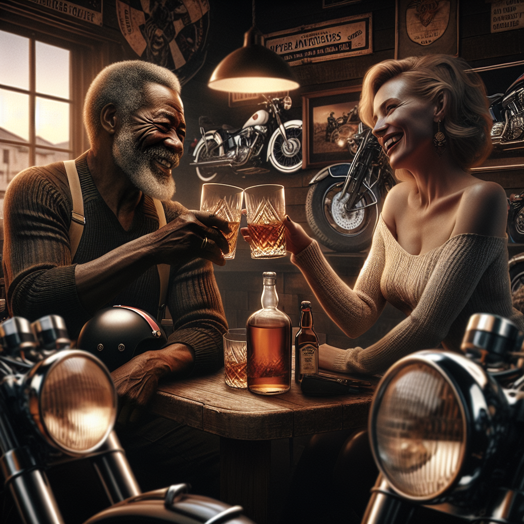 In a snug corner of a favorite local bar, an African American man and a Caucasian woman raise a toast, marking another year of their love life, surrounded by glistening chrome motorbikes. They exchange recollections of yesteryears and aspirations for what lies ahead over a single malt whisky, each gulp imbued with memories of past exploits and yet untouched paths. Their laughter reverberates across the room, each taking turns at dart throwing to amusingly grade their past anniversary presents from perfect to flawed, with each dart throw being a playful taunt. The low hum of motorbikes from outside mixes with the warm interior, creating a peculiar yet poignant anniversary tableau.
Generated with these themes: Motorbikes, Whisky , and Darts.
Made with ❤️ by AI.