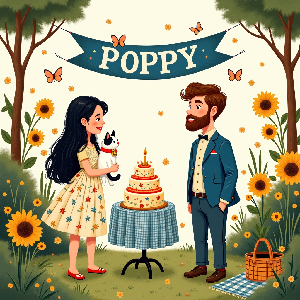 Medium size Thai girl in dress with long black hair, Thai lady has white cat with ginger / black splodges, red collar and bell, and Long distance English boyfriend with brown / blonde hair and beard Birthday Card