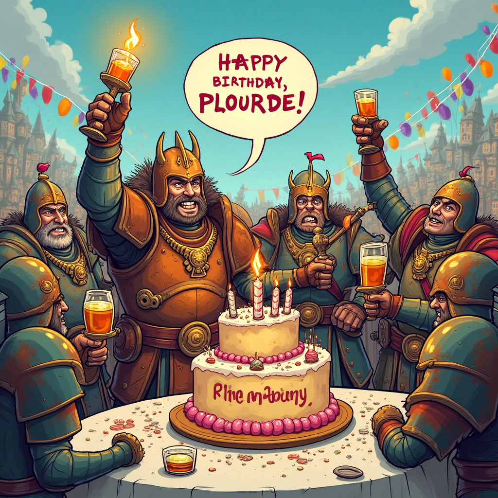 At the top of the Cartoon Style image, include the text: "Happy Birthday Plourde!"

**Image Prompt:**

In a vibrant, exaggerated cartoon world, create a whimsical scene where a group of comically armored Warhammer warriors are taking a break from battle to celebrate a birthday. They're gathered around an enormous, over-the-top birthday cake, designed like a miniature fortress with turrets made of sugary goodness. Each warrior is humorously oversized, with exaggerated features and vibrant armor in bright, saturated colors.

The leader, a jubilant Warhammer warrior with a helmet topped by a lit birthday candle, holds up a glass of bourbon in one hand, while a sword-shaped party horn dangles from the other. The warriors around him are all in festive poses, clinking their bourbon-filled goblets in celebration, some juggling bourbon bottles or precariously balancing them on their helmets.

A large, goofy grin is plastered across the faces of the cartoon warriors, and in the background, the battlefield is transformed into a humorous birthday party setting with colorful banners and balloons. In a speech bubble coming from one of the warriors, the cheeky text reads: "Slay another year, Plourde!"
Generated with these themes: Warhammer, Bourbon, Cake, and .
Made with ❤️ by AI.