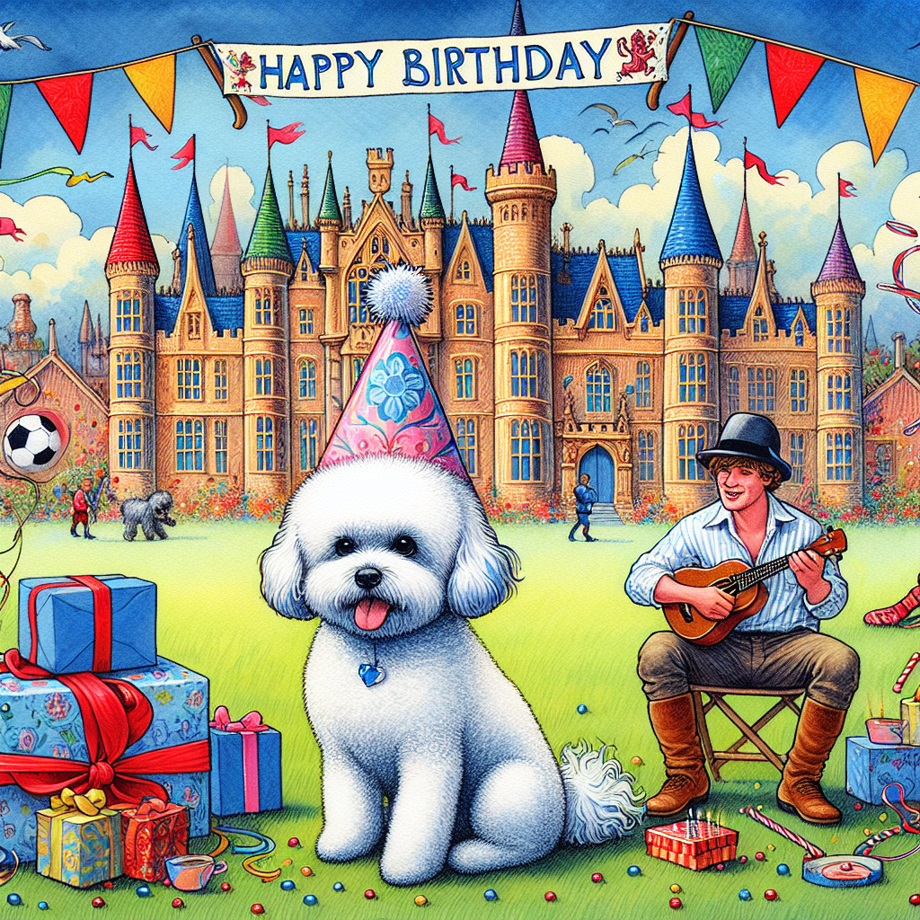 A delightful depiction unfolds, featuring the backdrop of a lively, colorful, and majestic castle sketched with soft lines and impressive detail, reminiscent of fairytale castles in traditional children's books. In the foreground, a playful Bichon Frise wearing a dainty party hat is oriented in the center of a modest pile of gifts. On its right, a cheery male musician, illustrated in a charming caricature manner and donning a trendy attire, strums a ukulele and adds a harmonious serenade to the joyful scenery. Fluttering atop the scene, a festive banner bearing 'Everton' waves gently in the artificial breeze, conveying the theme of a birthday celebration for an ardent football admirer.
Generated with these themes: Everton , Paul McCartney, Walt Disney World , and Bichon Frise.
Made with ❤️ by AI.