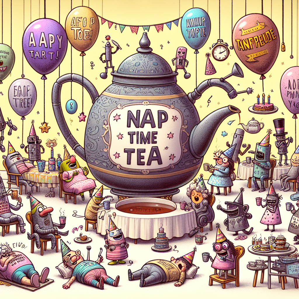 Create a whimsical birthday-themed illustration where a group of humorous characters are all taking a nap at a slumber party. In the focal point of the image, place a large teapot decorated with fun phrases and it's serving a brew labelled as 'Nap Time Tea'. To add a unique touch, scatter around an assortment of playful metalwork sculptures that copy the various poses of the partygoers. Overhead, playful balloons carrying comedic punchlines floats, which produces a bout of laughter among those attendees who are still awake.
Generated with these themes: Jokes sleeping tea rude metalwork.
Made with ❤️ by AI.